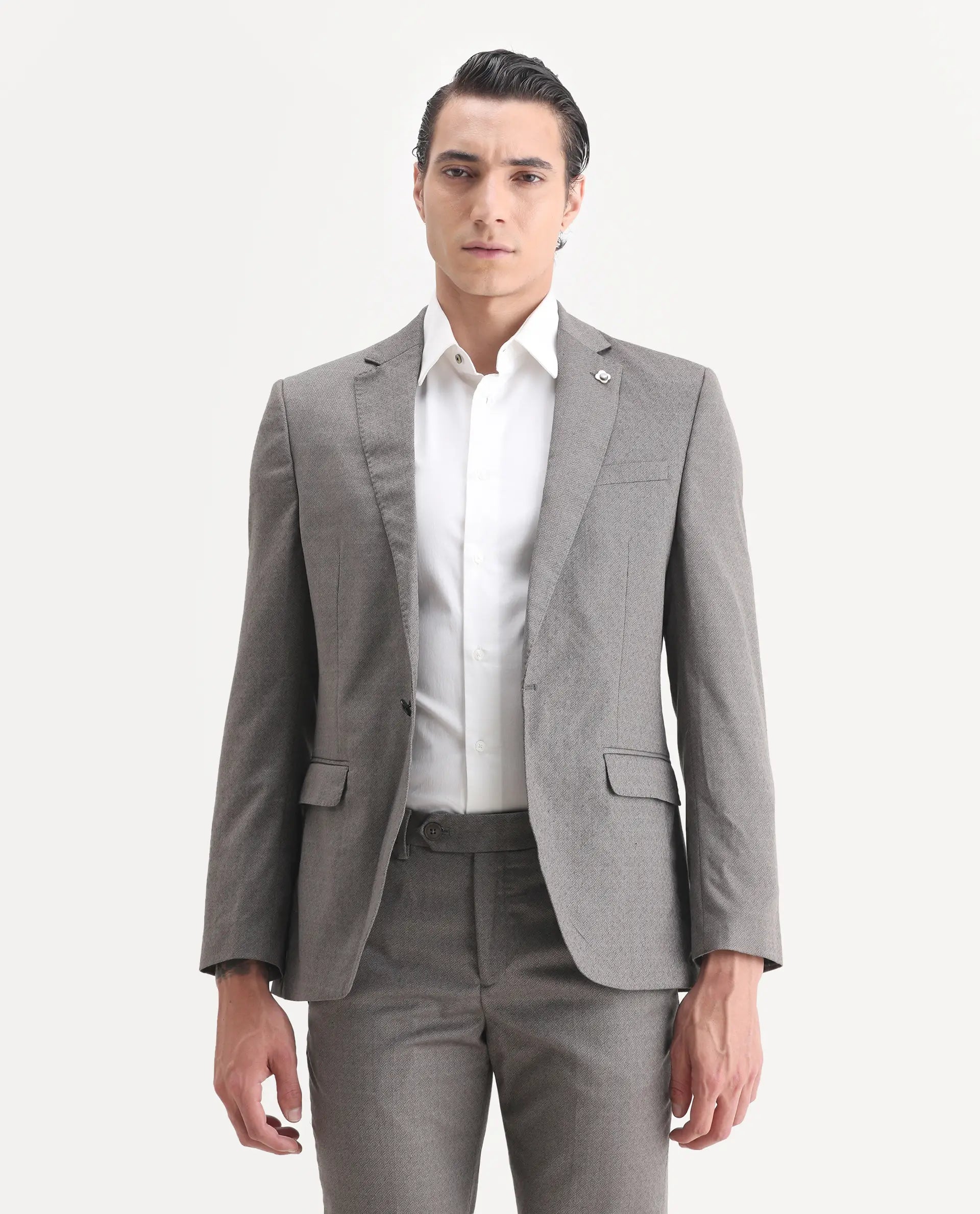 Rare Rabbit Men's Dexter Grey Viscose Jacquard Tailored Fit Full Sleeve Lapel Neck Suits