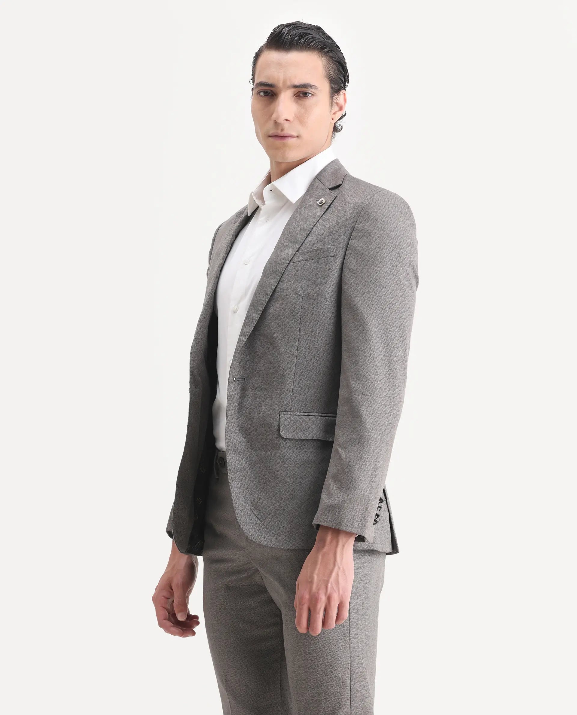 Rare Rabbit Men's Dexter Grey Viscose Jacquard Tailored Fit Full Sleeve Lapel Neck Suits