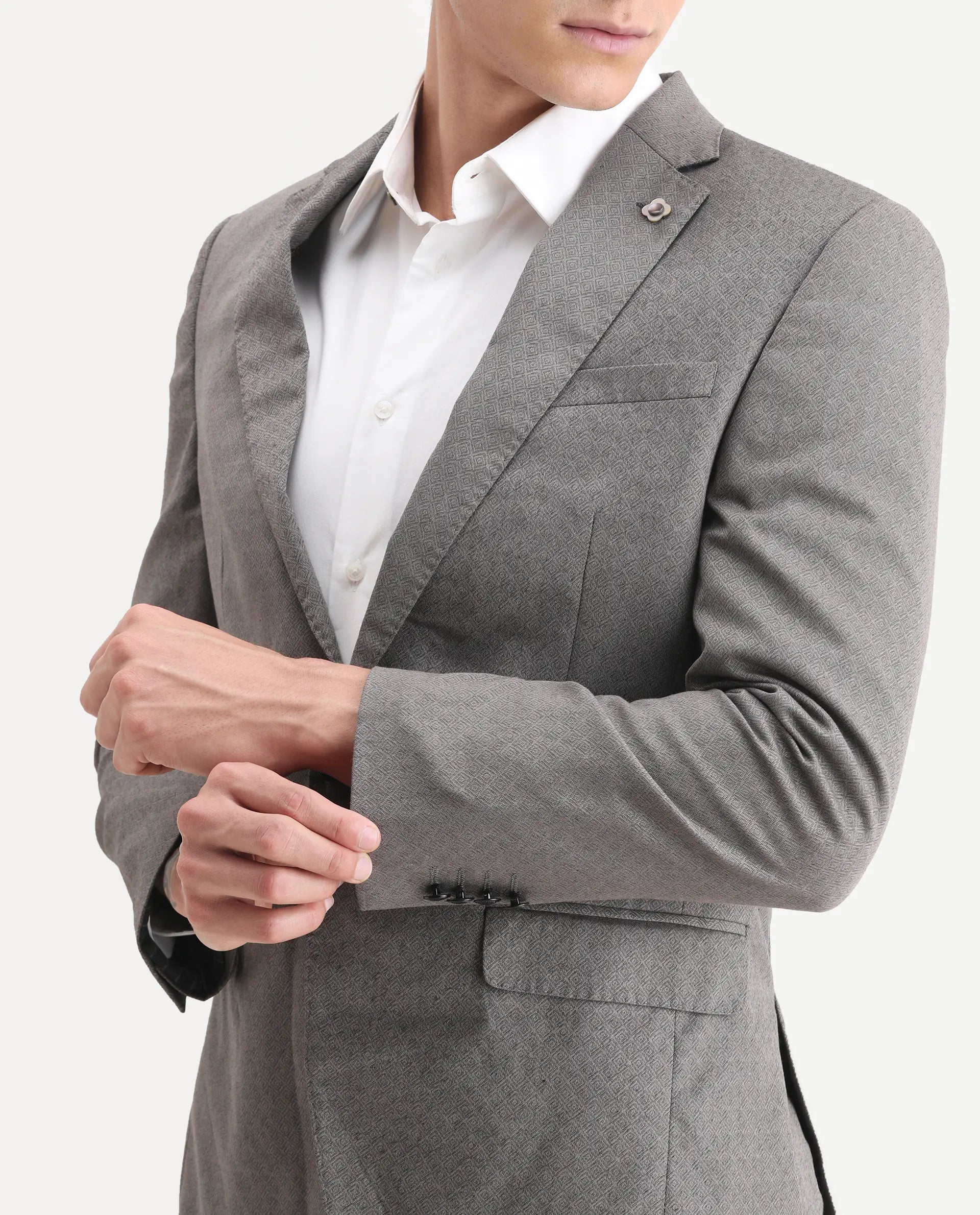 Rare Rabbit Men's Dexter Grey Viscose Jacquard Tailored Fit Full Sleeve Lapel Neck Suits