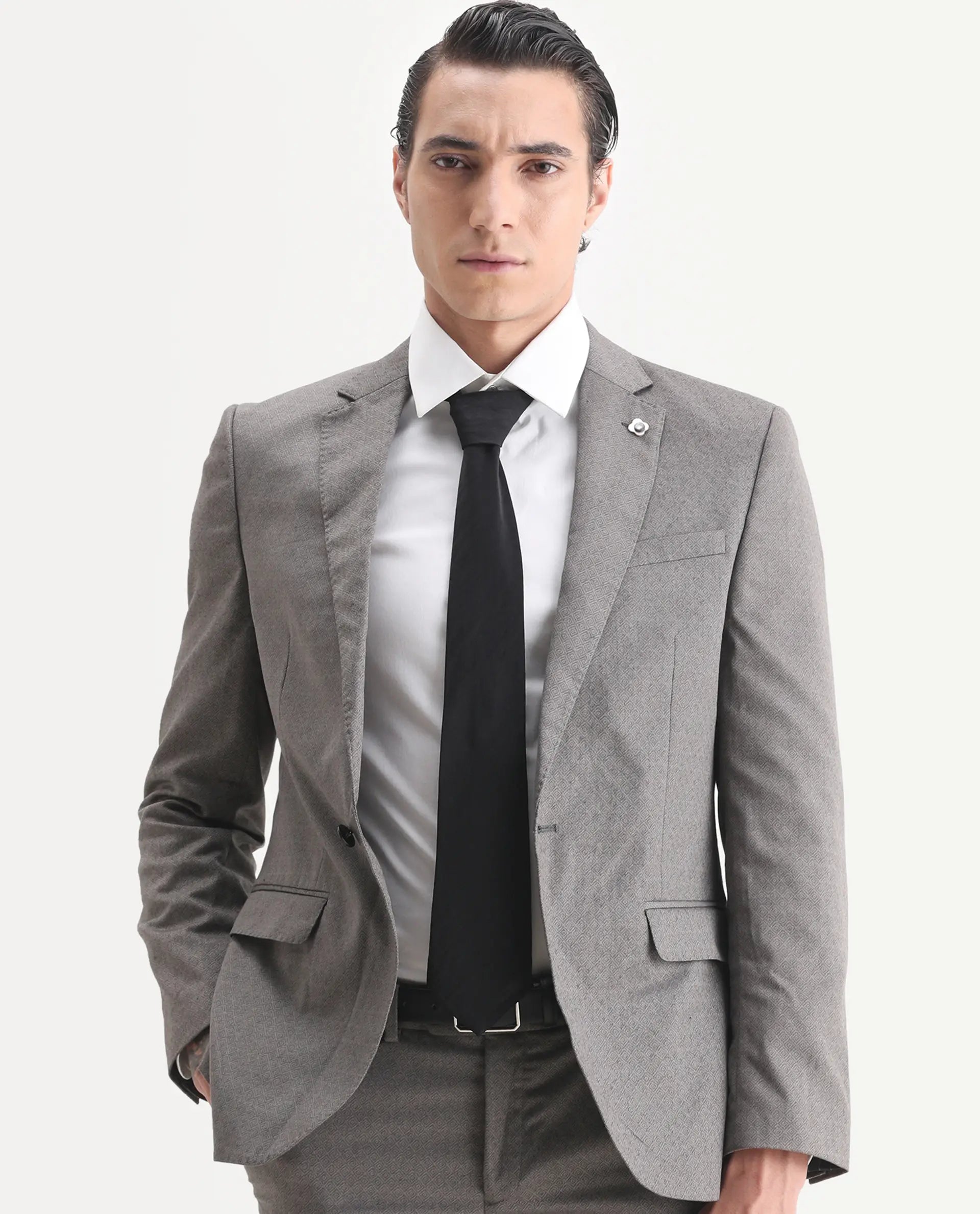 Rare Rabbit Men's Dexter Grey Viscose Jacquard Tailored Fit Full Sleeve Lapel Neck Suits