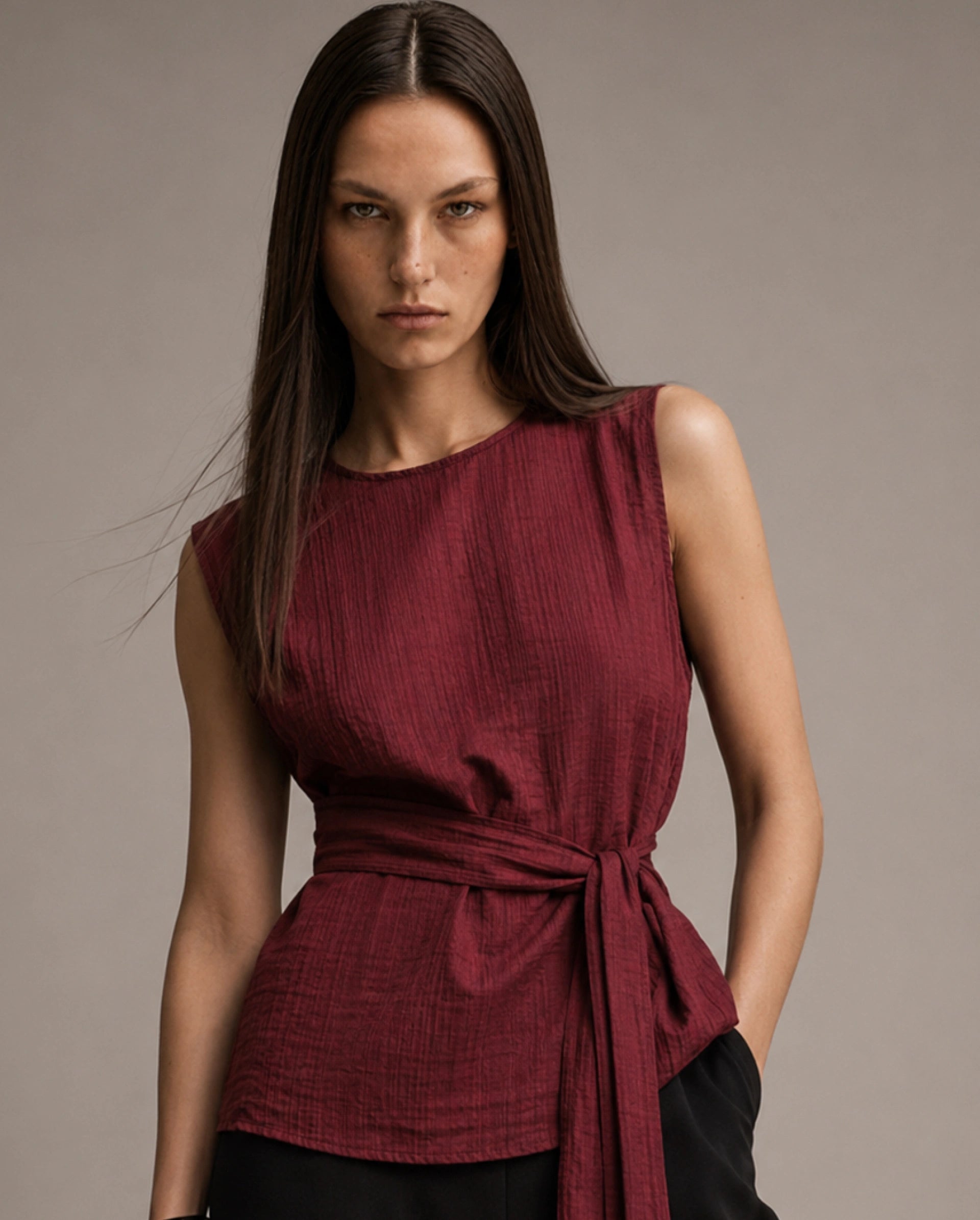 Rareism Women's Deya Maroon Viscose Blend Crew Neck Button And Zip Regular Plain Top