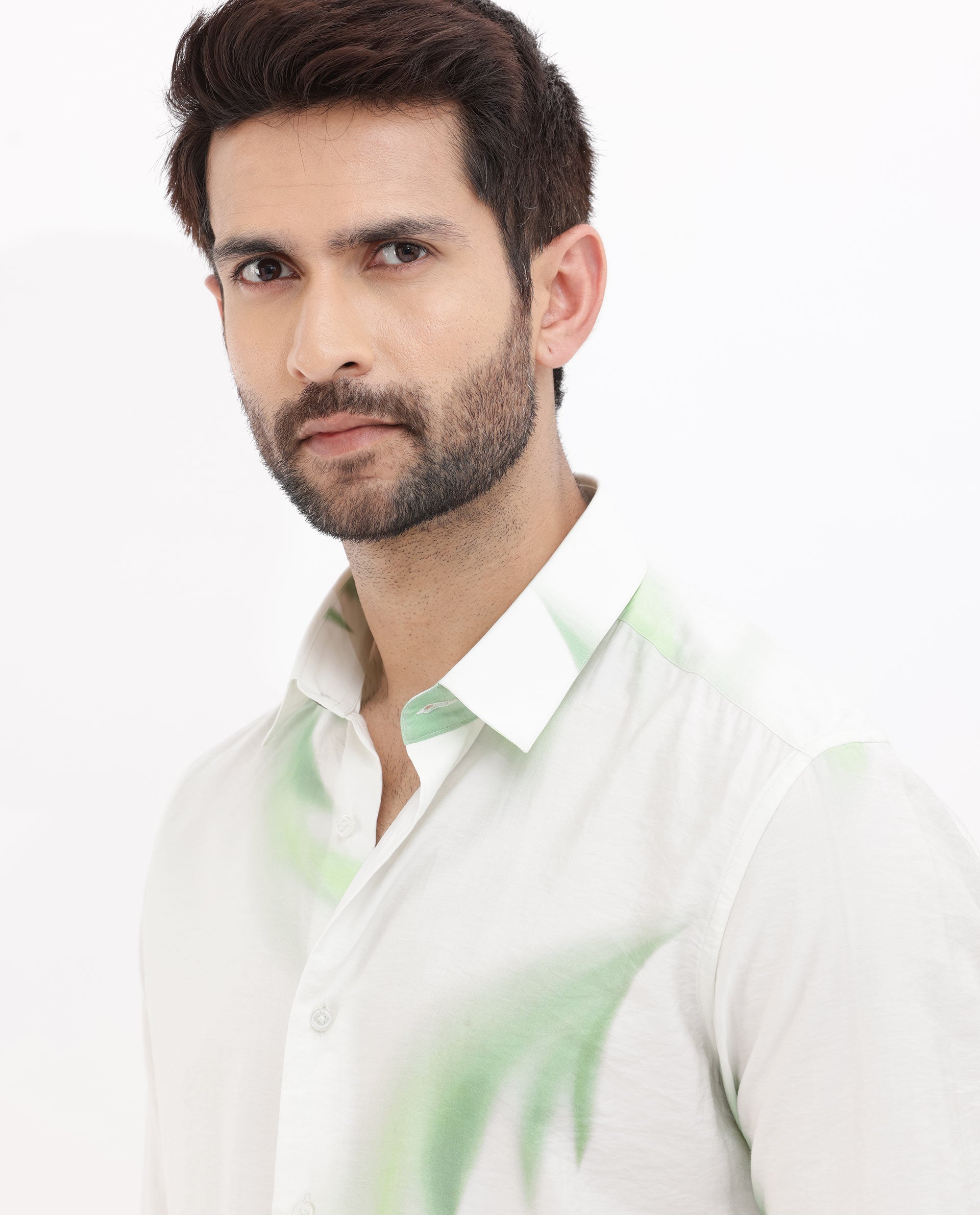 Rare Rabbit Mens Dezen Pastel Green Full Sleeve Tropical Print Shirt