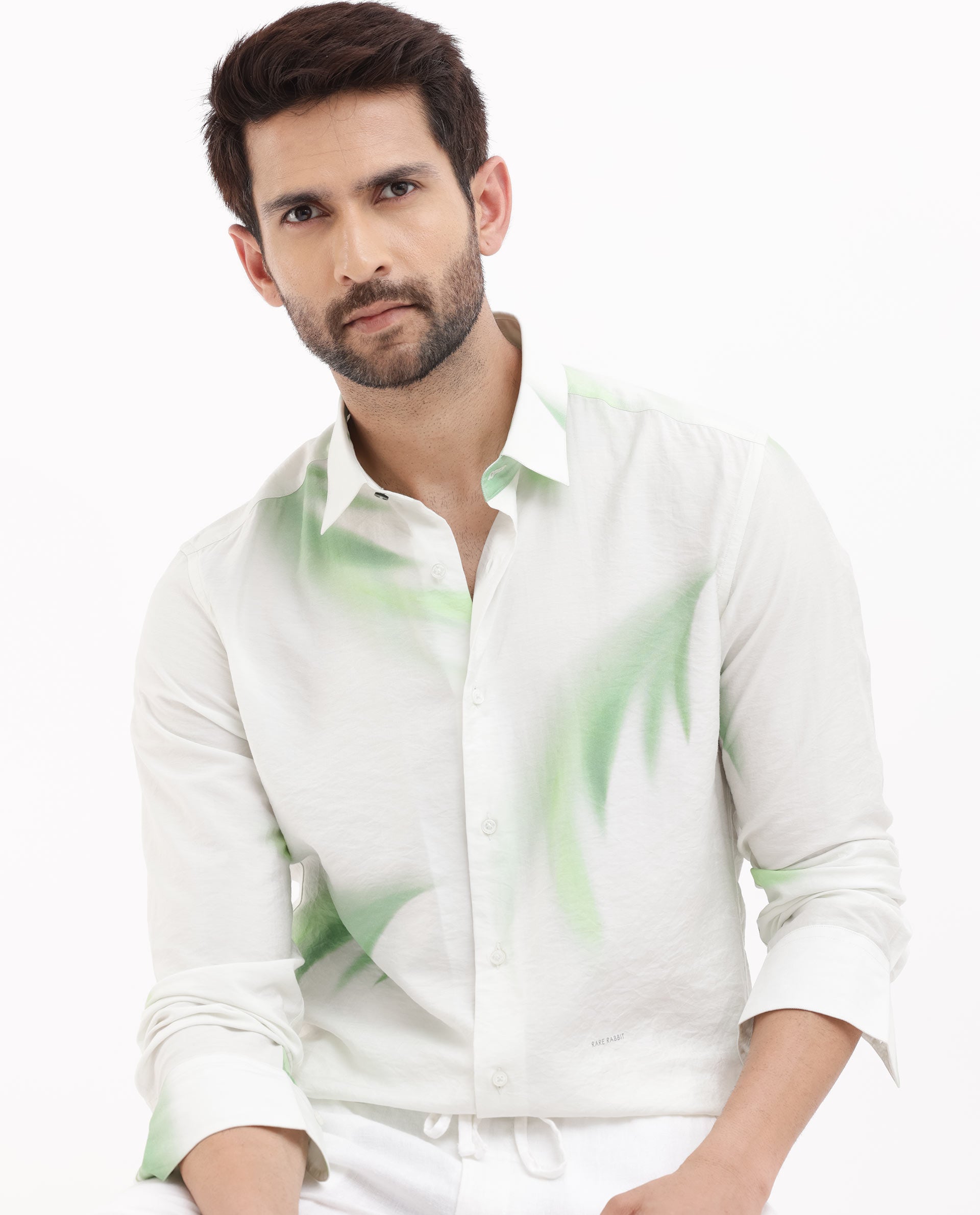 Rare Rabbit Mens Dezen Pastel Green Full Sleeve Tropical Print Shirt