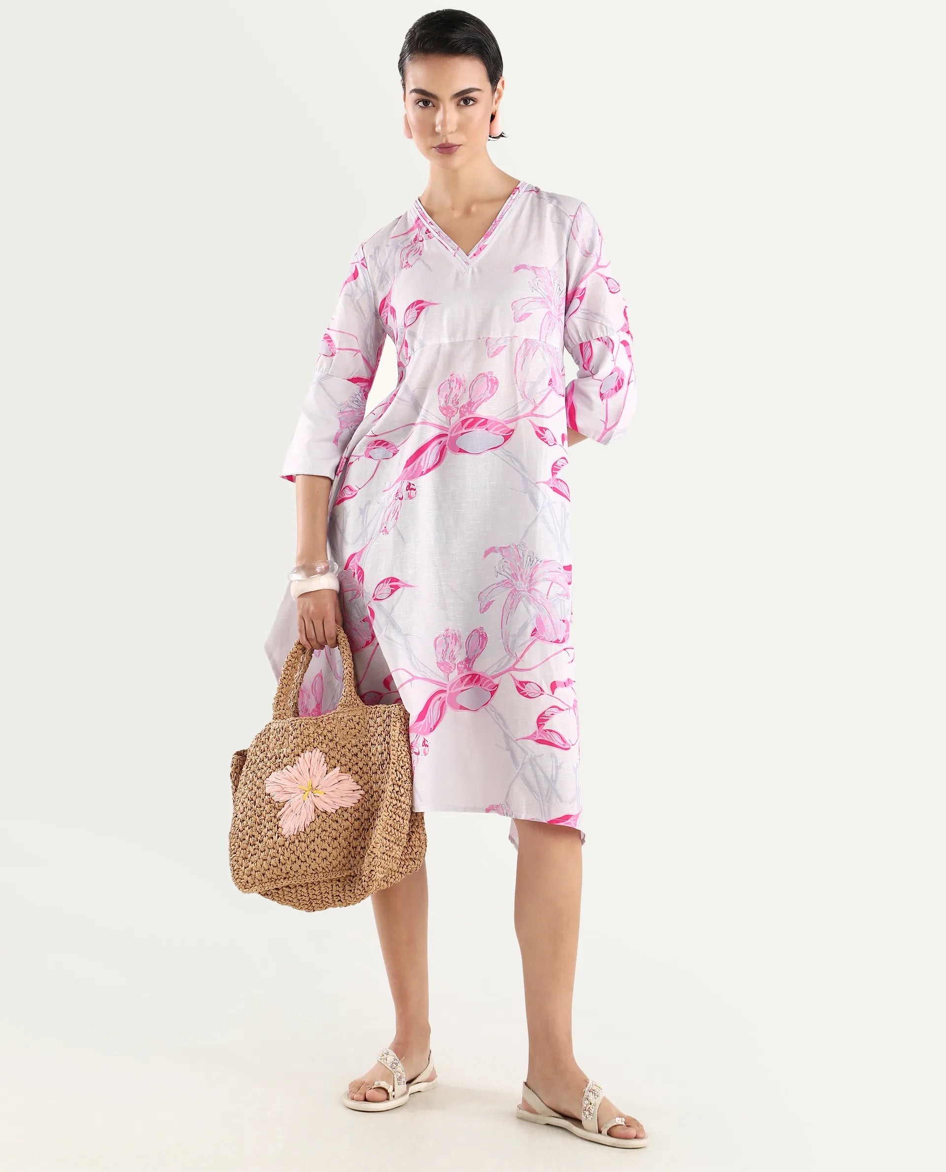 Rareism Women's Dherry Pastel Purple Linen V-Neck Paisley Print Midi Regular Fit Dress