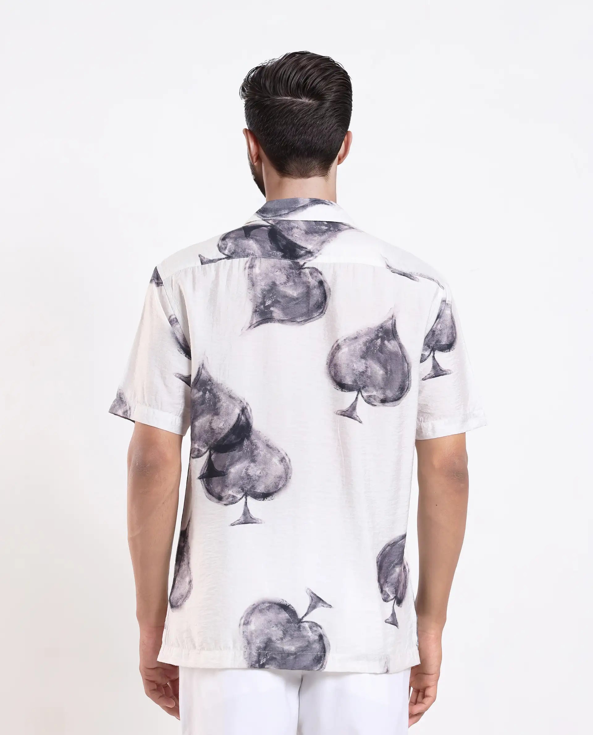 Rare Rabbit Men's Diam White Viscose Digital Print Regular Fit Half Sleeve Cuban Collar Shirt
