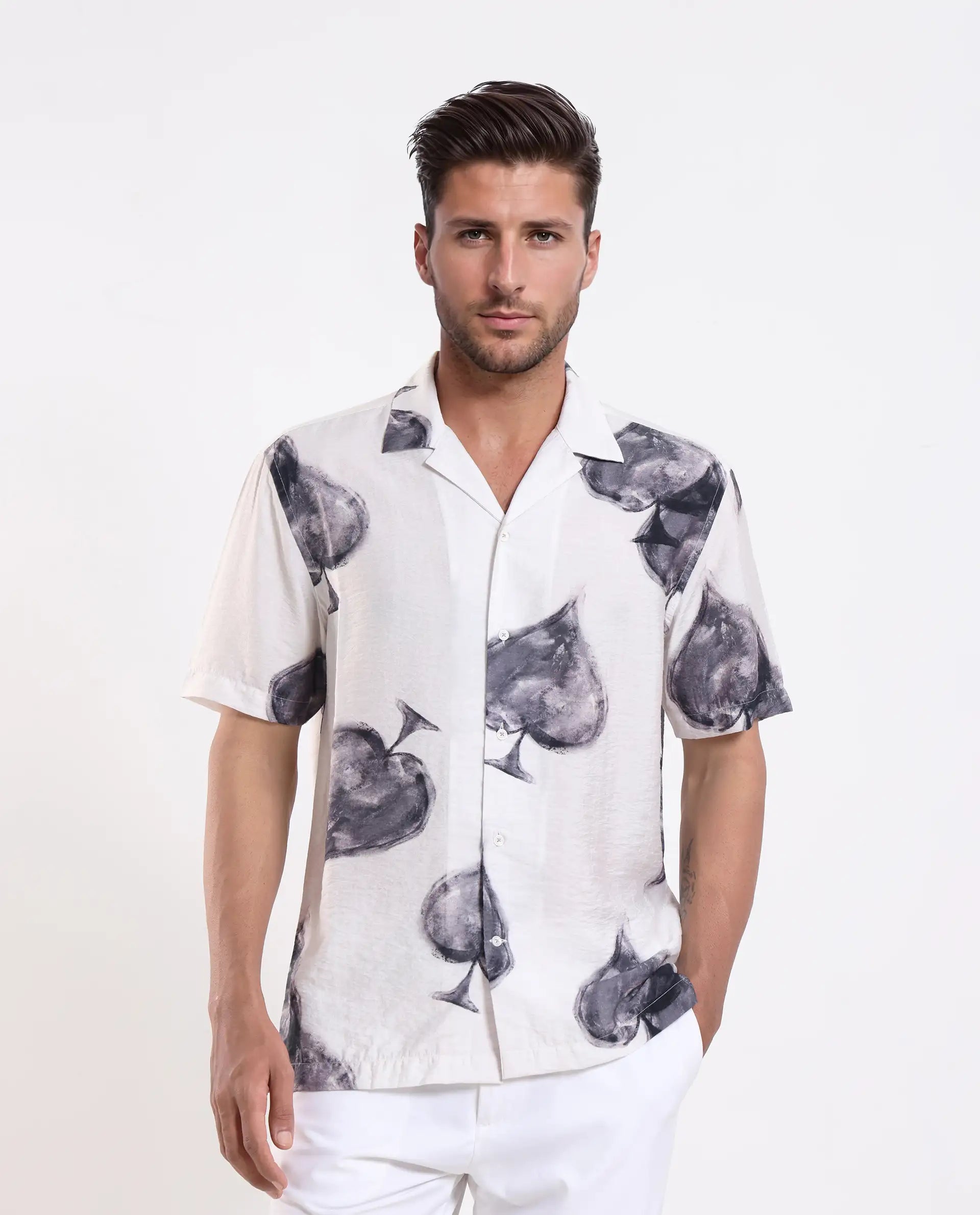 Rare Rabbit Men's Diam White Viscose Digital Print Regular Fit Half Sleeve Cuban Collar Shirt