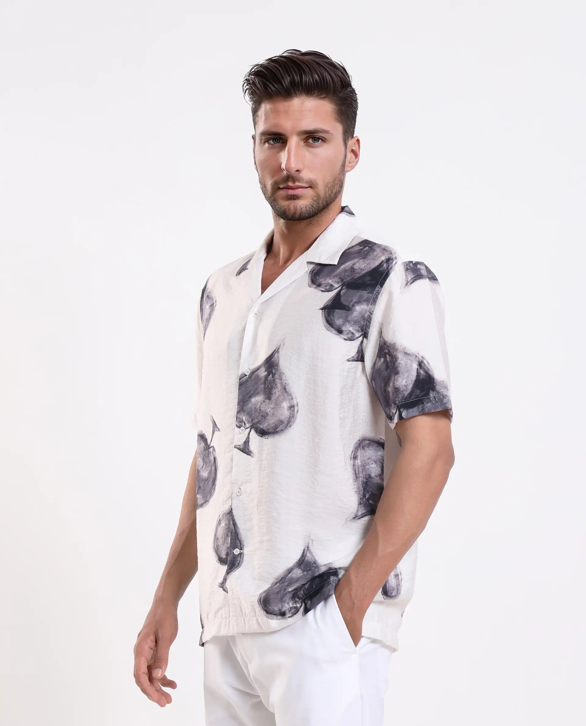 Rare Rabbit Men's Diam White Viscose Digital Print Regular Fit Half Sleeve Cuban Collar Shirt
