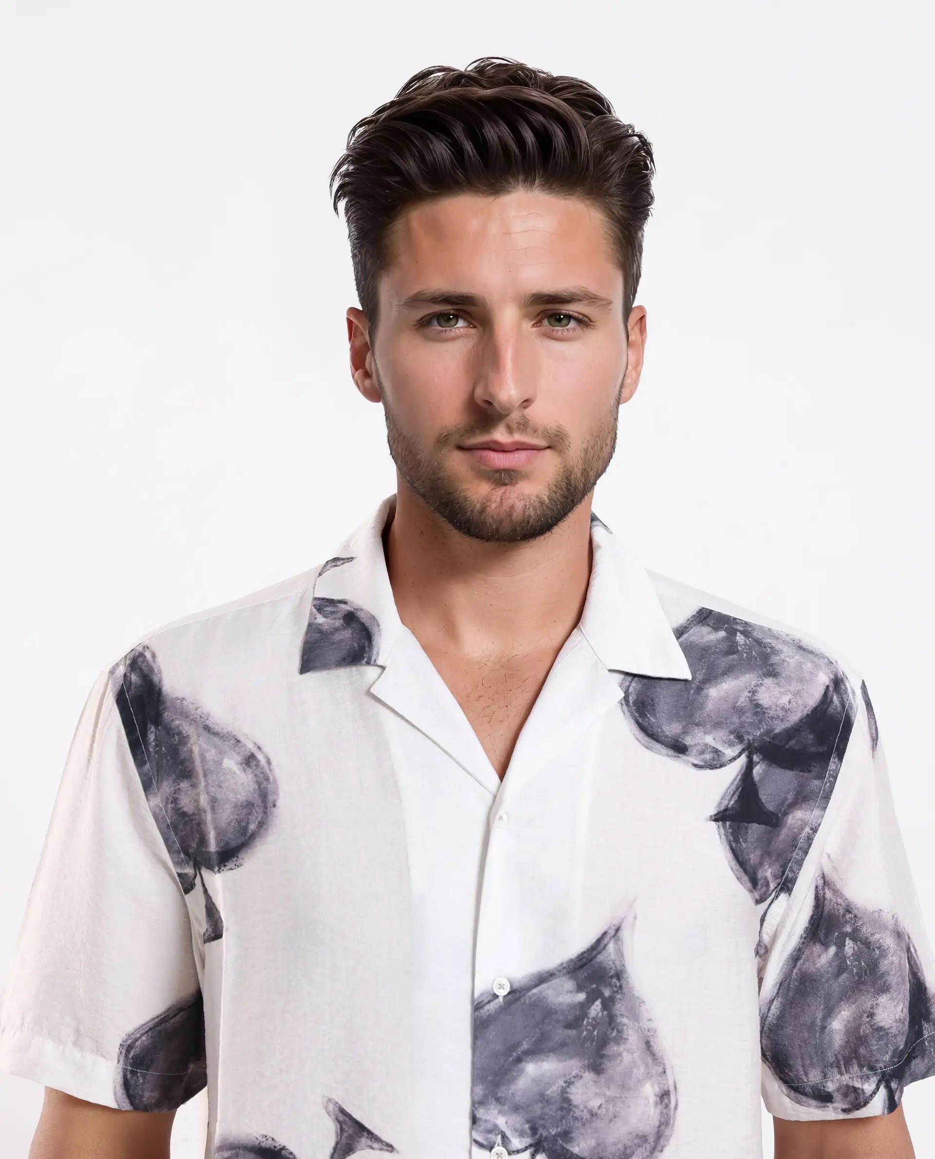 Rare Rabbit Men's Diam White Viscose Digital Print Regular Fit Half Sleeve Cuban Collar Shirt