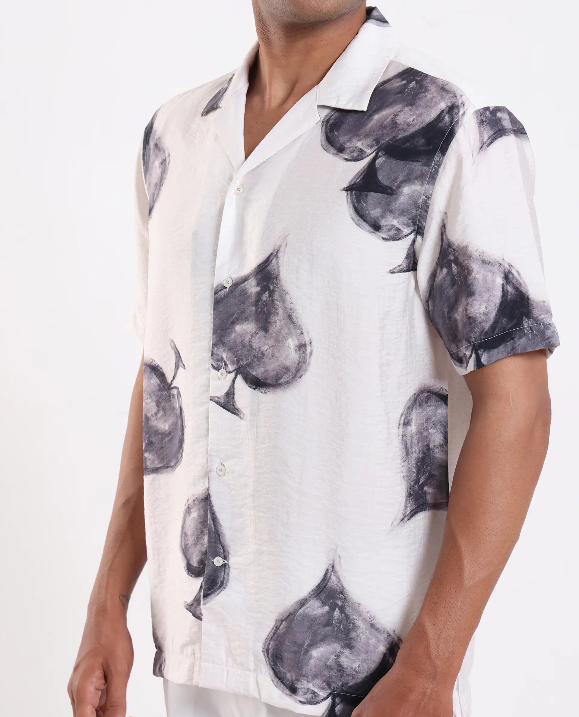 Rare Rabbit Men's Diam White Viscose Digital Print Regular Fit Half Sleeve Cuban Collar Shirt