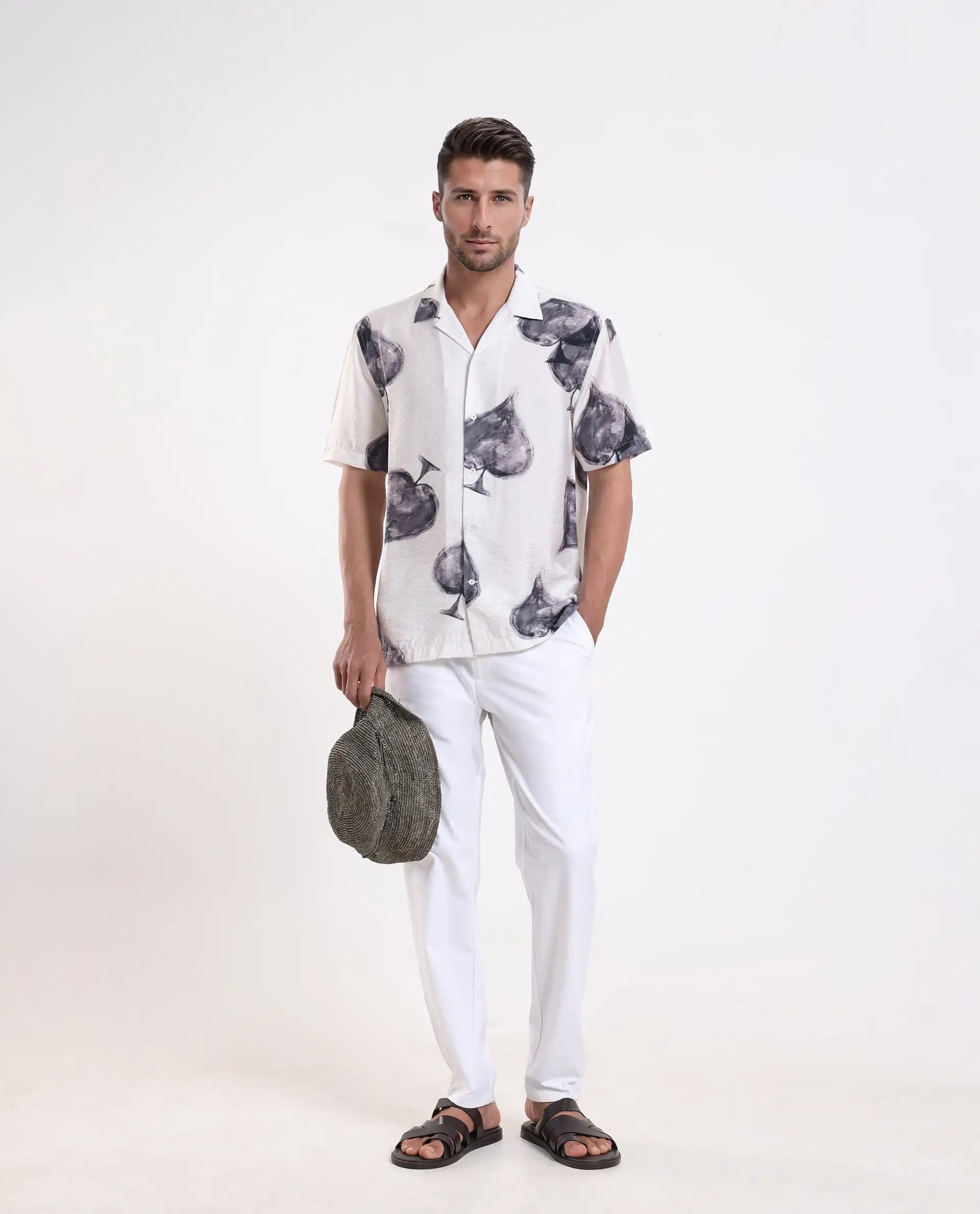 Rare Rabbit Men's Diam White Viscose Digital Print Regular Fit Half Sleeve Cuban Collar Shirt