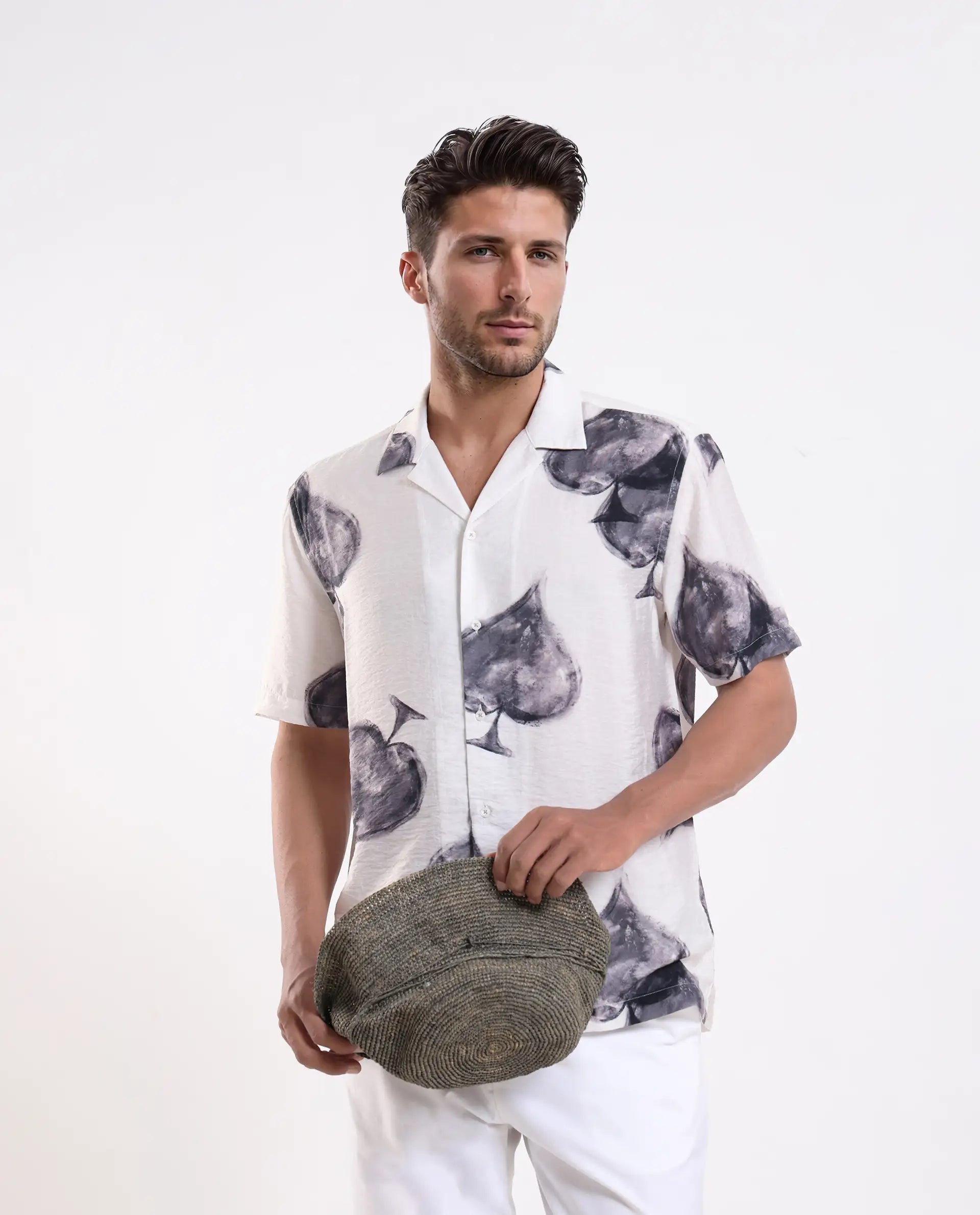 Rare Rabbit Men's Diam White Viscose Digital Print Regular Fit Half Sleeve Cuban Collar Shirt