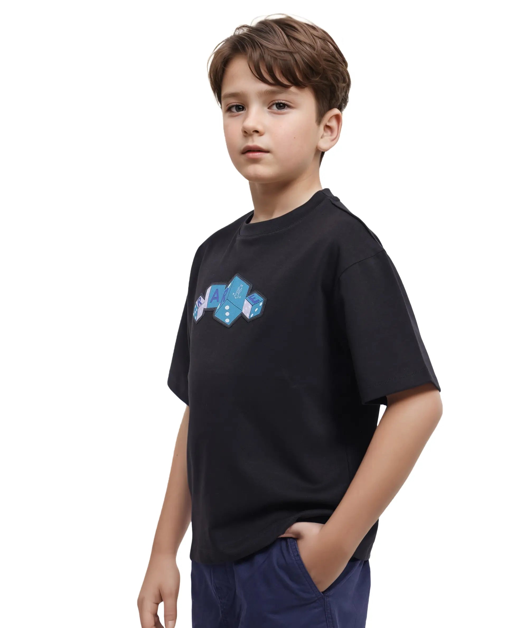 Rare Ones Kids Dice Black Cotton Half Sleeves Crew Neck Boxy Fit Applique Print T-Shirt