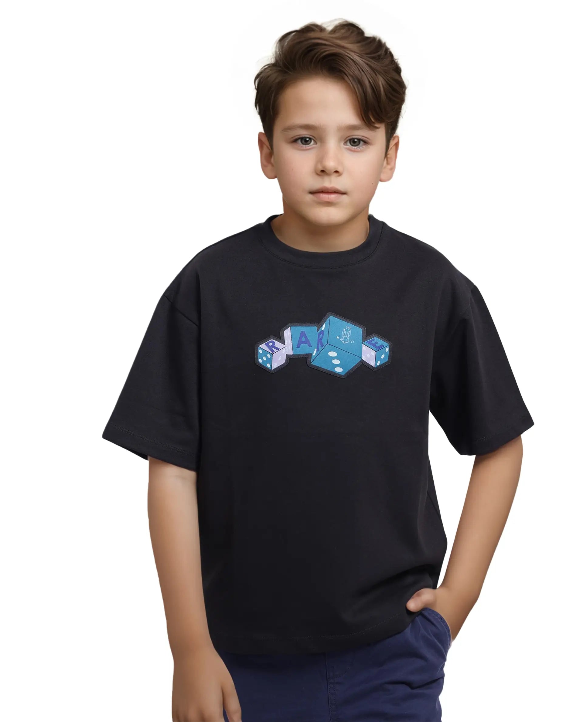 Rare Ones Kids Dice Black Cotton Half Sleeves Crew Neck Boxy Fit Applique Print T-Shirt