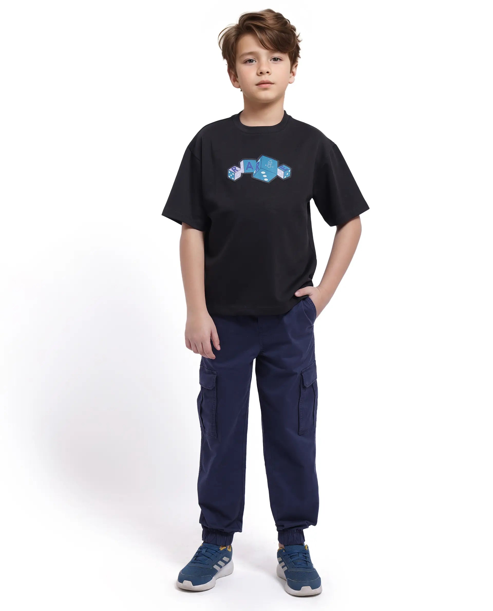Rare Ones Kids Dice Black Cotton Half Sleeves Crew Neck Boxy Fit Applique Print T-Shirt