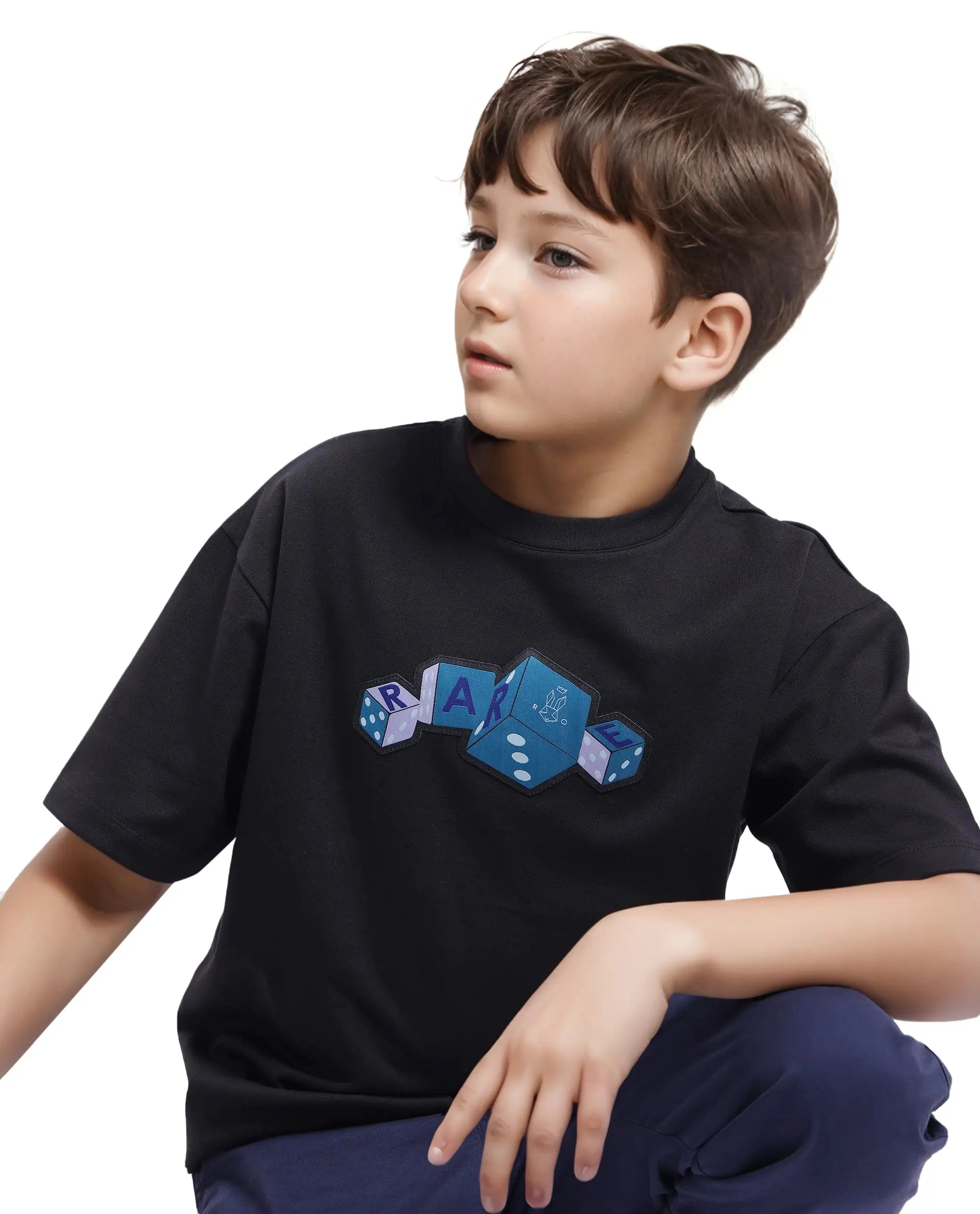 Rare Ones Kids Dice Black Cotton Half Sleeves Crew Neck Boxy Fit Applique Print T-Shirt