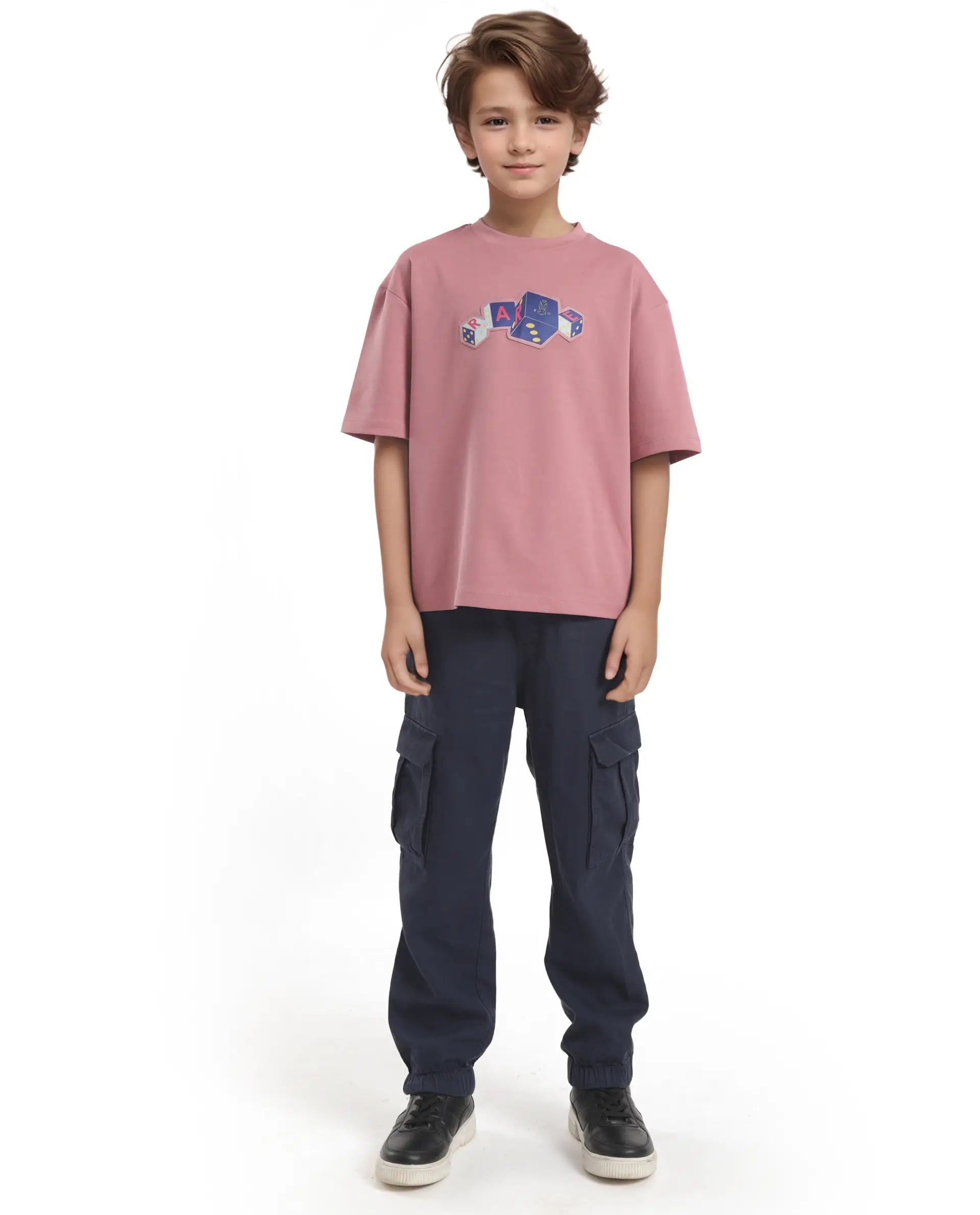 Rare Ones Kids Dice Pink Cotton Half Sleeves Crew Neck Boxy Fit Applique Print T-Shirt