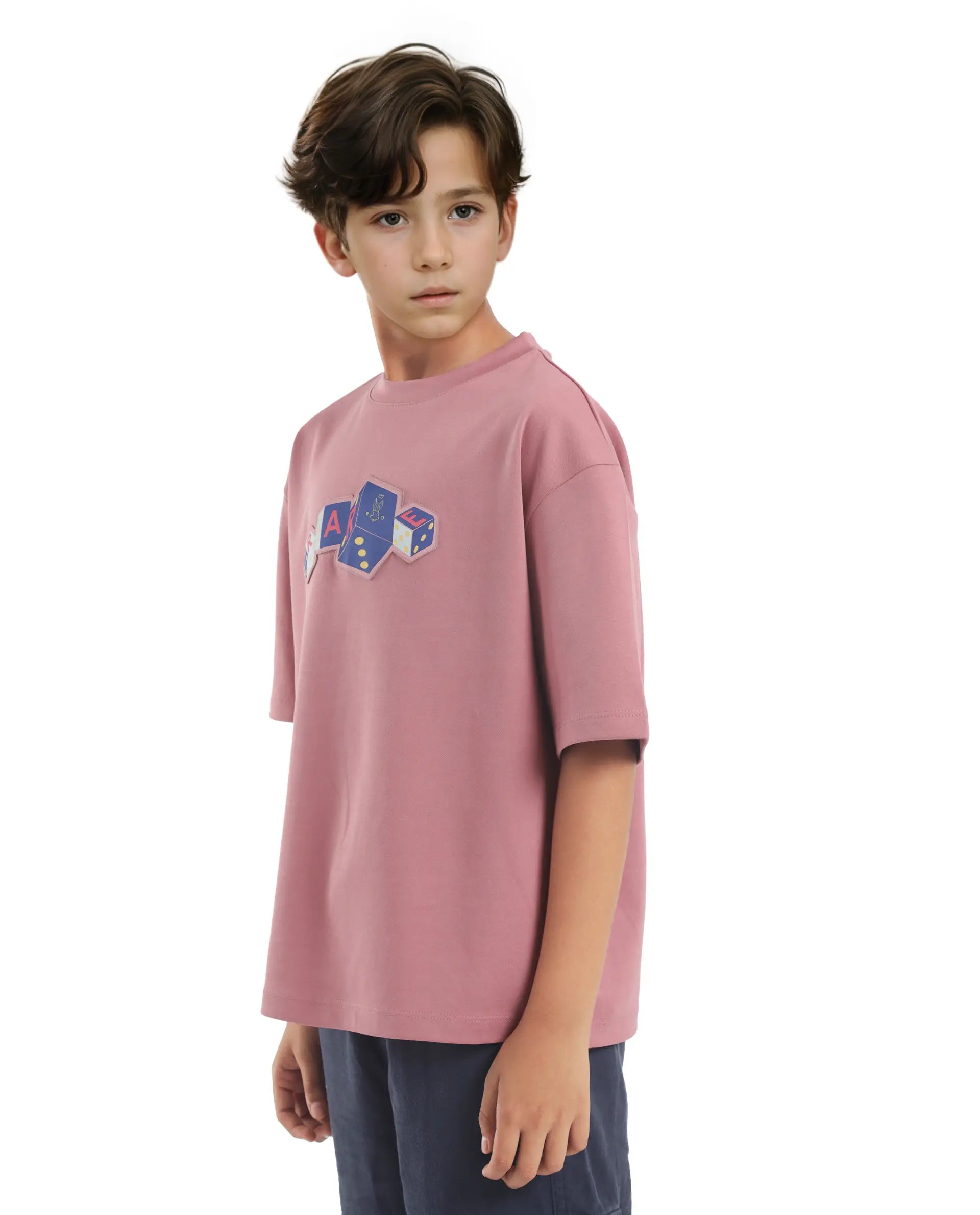 Rare Ones Kids Dice Pink Cotton Half Sleeves Crew Neck Boxy Fit Applique Print T-Shirt
