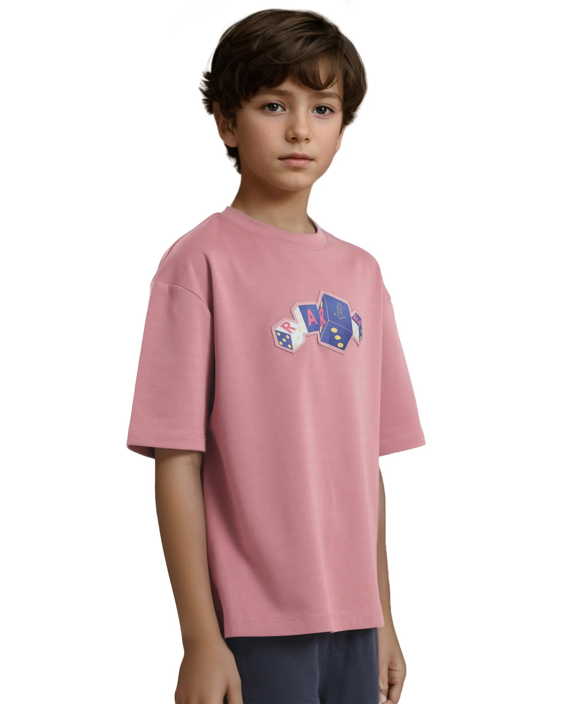 Rare Ones Kids Dice Pink Cotton Half Sleeves Crew Neck Boxy Fit Applique Print T-Shirt
