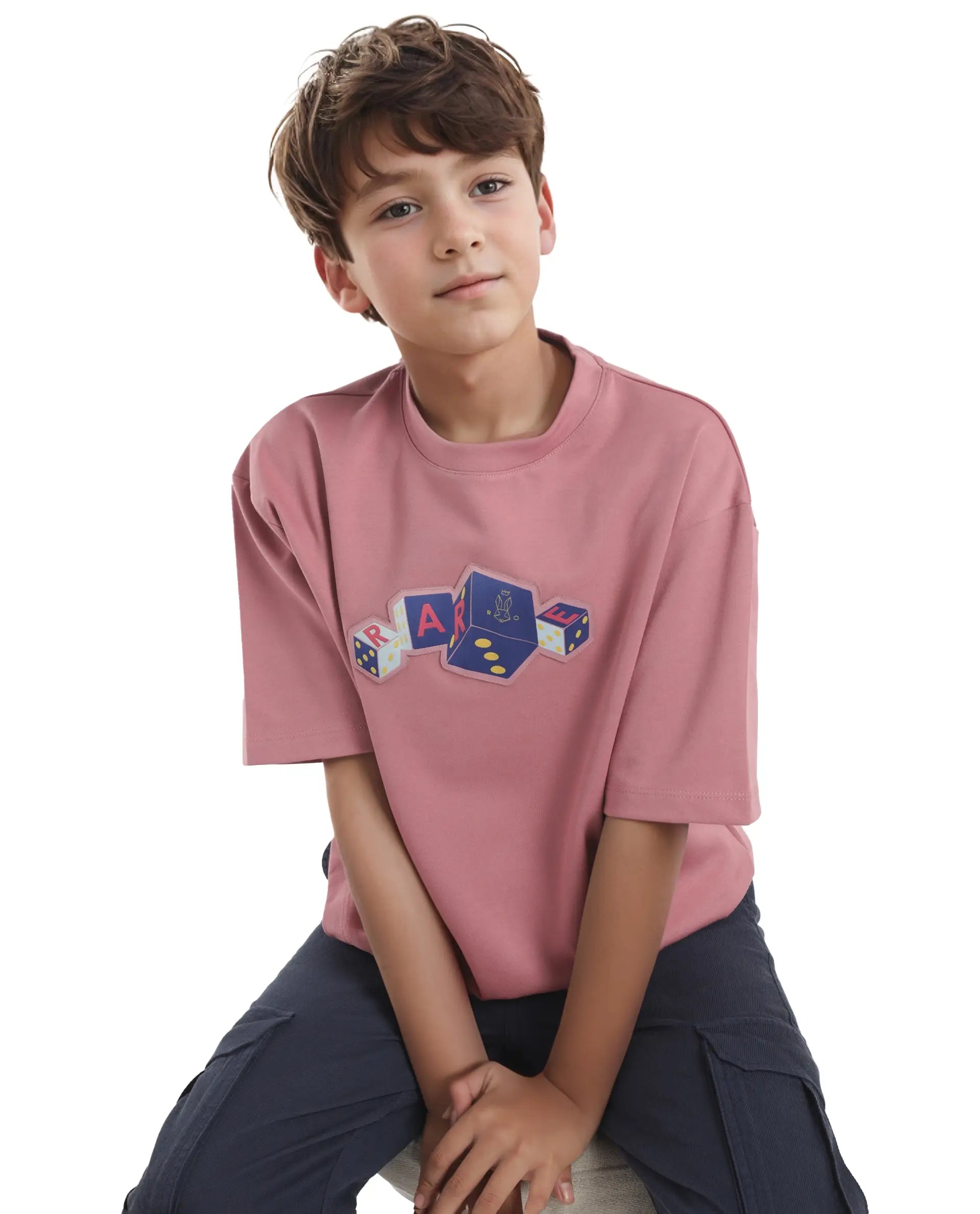 Rare Ones Kids Dice Pink Cotton Half Sleeves Crew Neck Boxy Fit Applique Print T-Shirt