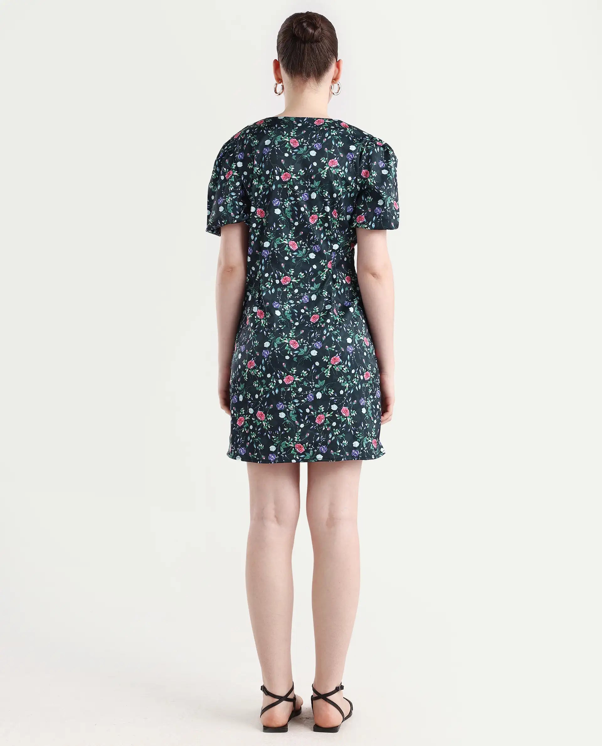 Rareism Women's Diego Navy Modal Blend V-Neck Floral Print Puff Sleeves Midi Slim Fit Dress