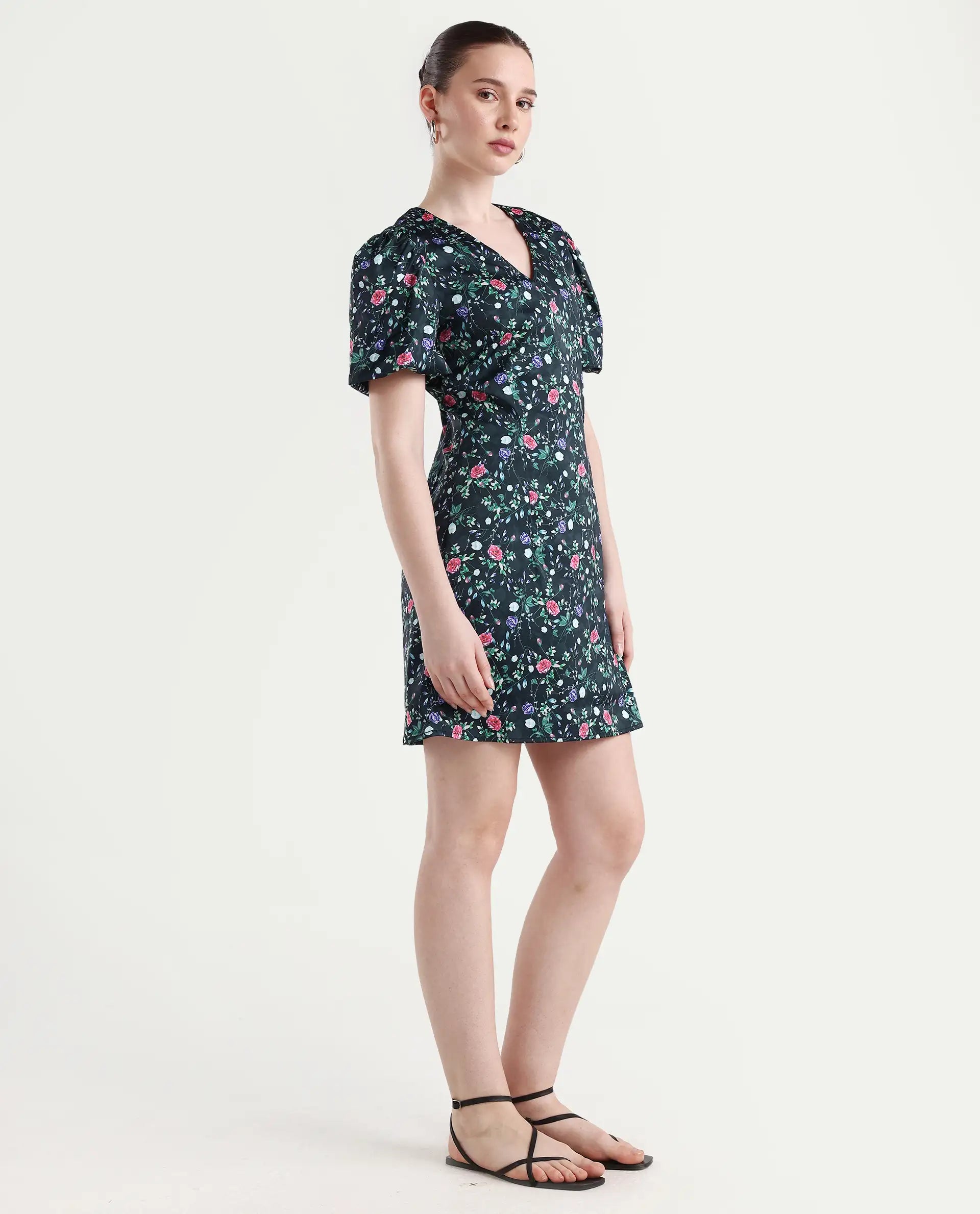 Rareism Women's Diego Navy Modal Blend V-Neck Floral Print Puff Sleeves Midi Slim Fit Dress