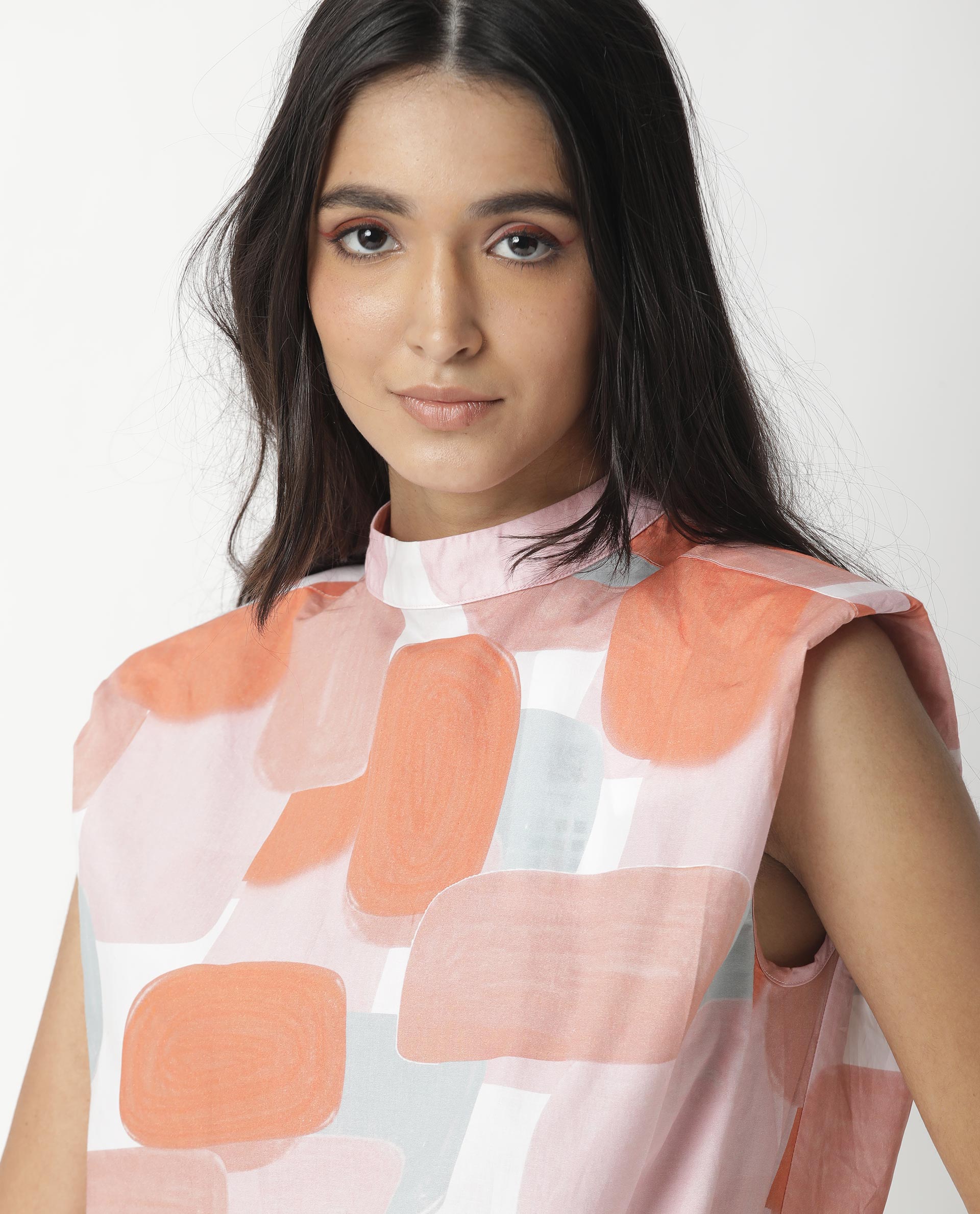 Rareism Womens Diegon Peach Top Cotton Fabric Regular Fit Sleeveless High Neck