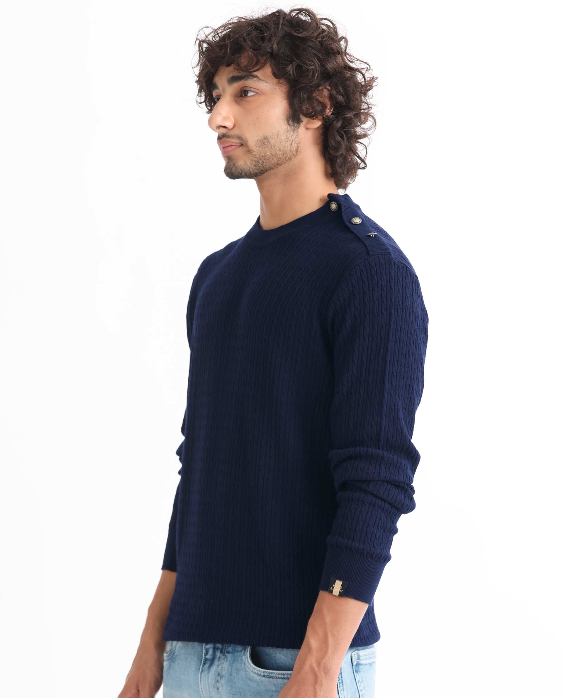 Rare Rabbit Mens Diem Navy Sweater Viscose Nylon Fabric Crew Neck Knitted Full Sleeves Button Closure Comfortable Fit