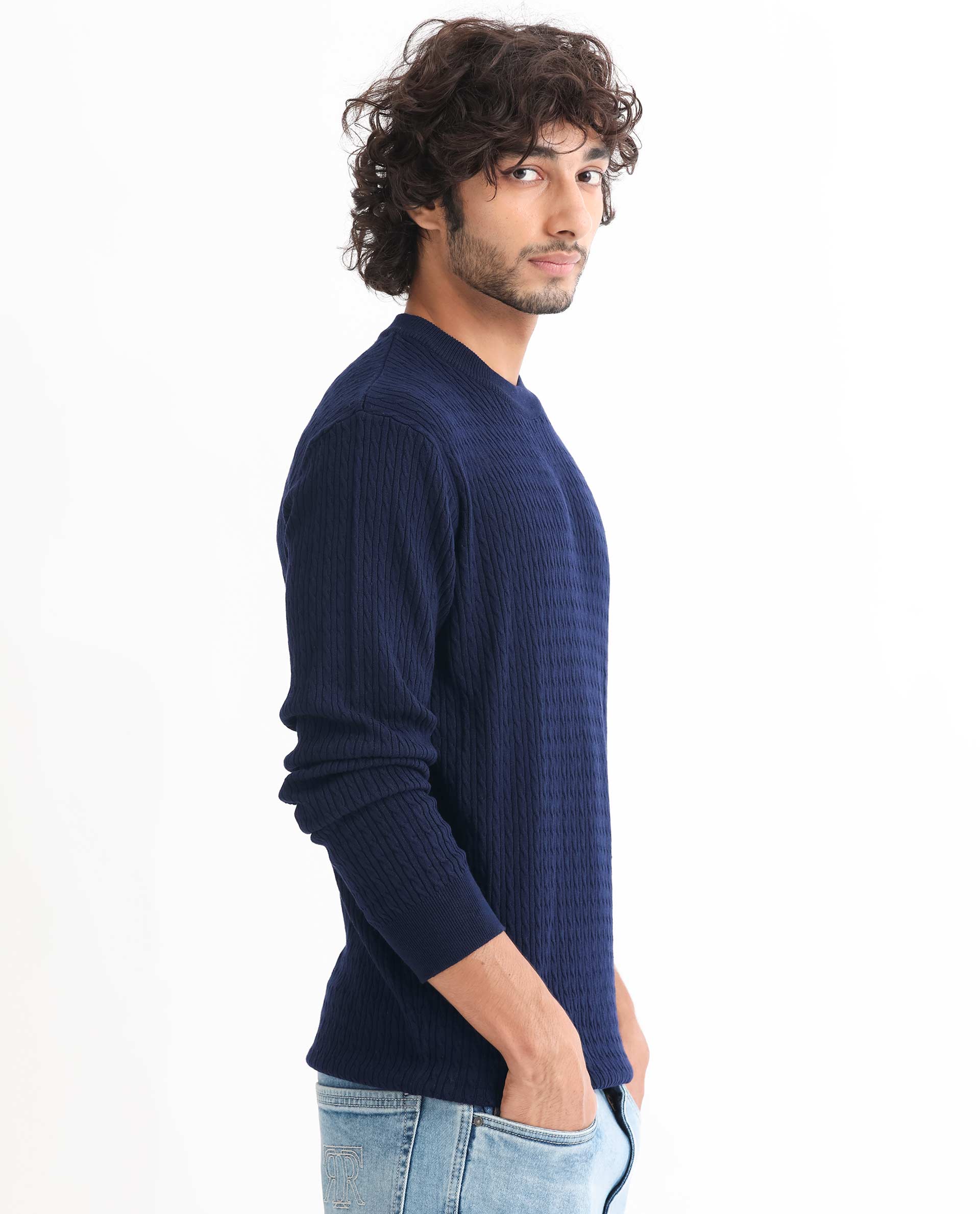 Rare Rabbit Mens Diem Navy Sweater Viscose Nylon Fabric Crew Neck Knitted Full Sleeves Button Closure Comfortable Fit