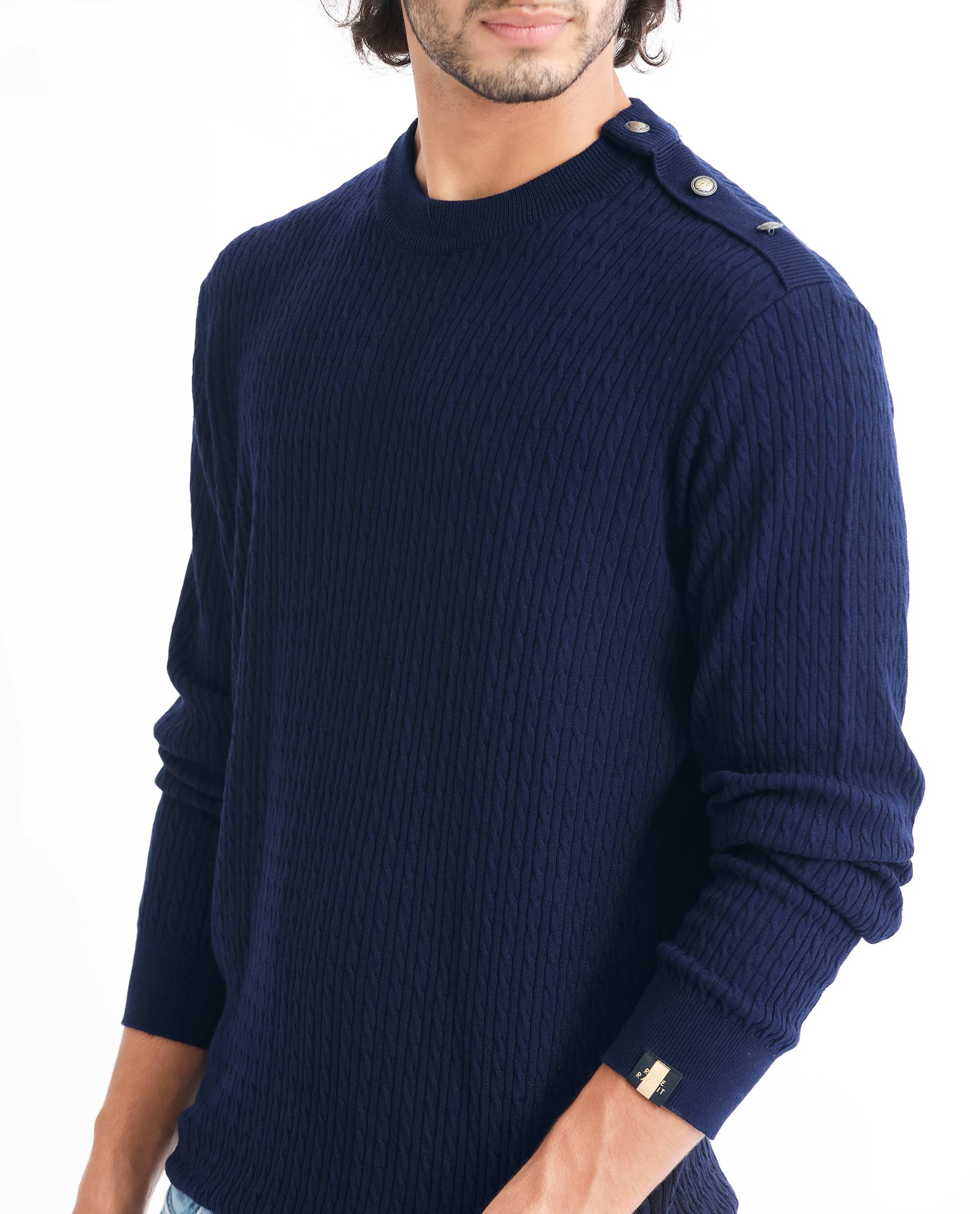 Rare Rabbit Mens Diem Navy Sweater Viscose Nylon Fabric Crew Neck Knitted Full Sleeves Button Closure Comfortable Fit
