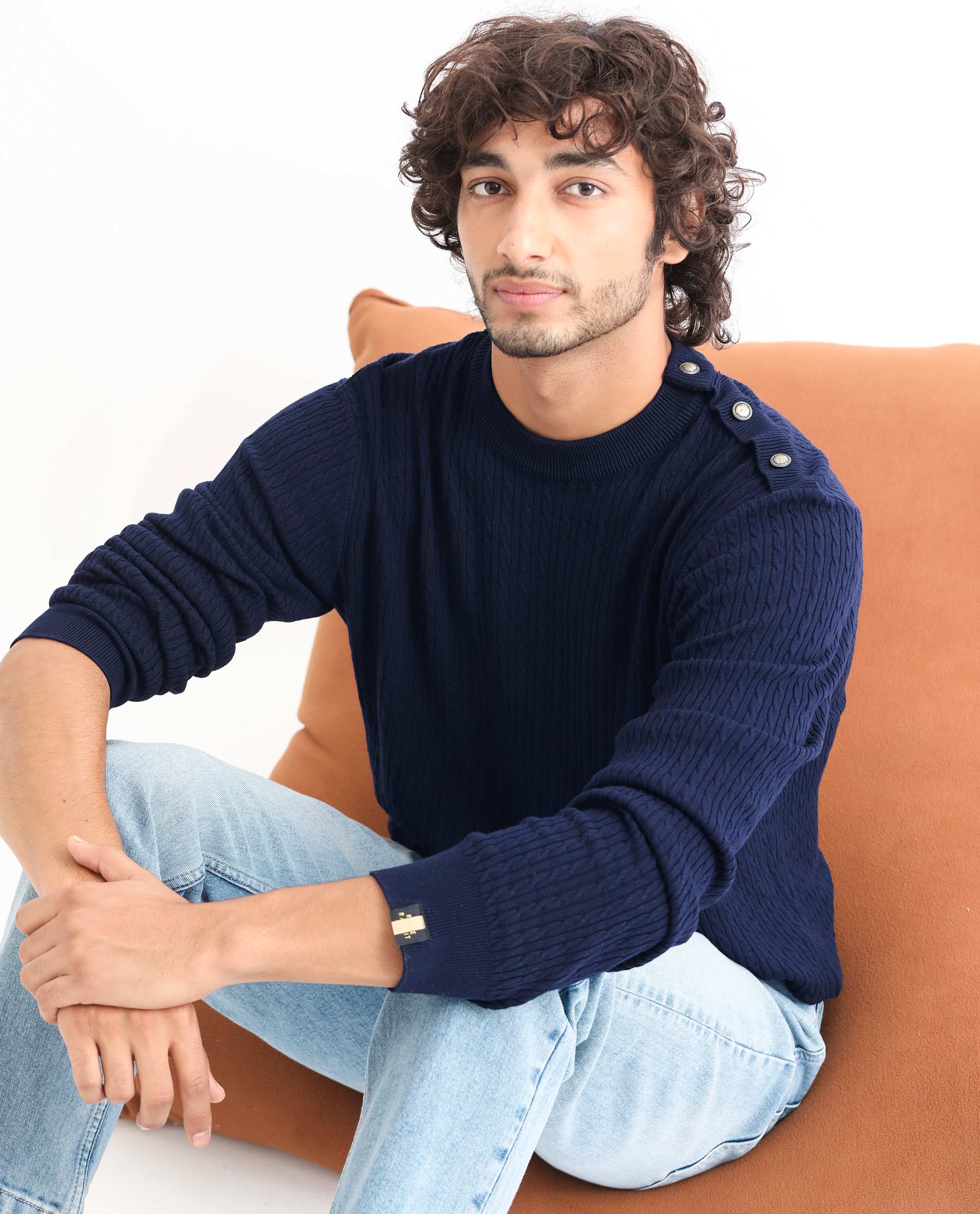 Rare Rabbit Mens Diem Navy Sweater Viscose Nylon Fabric Crew Neck Knitted Full Sleeves Button Closure Comfortable Fit