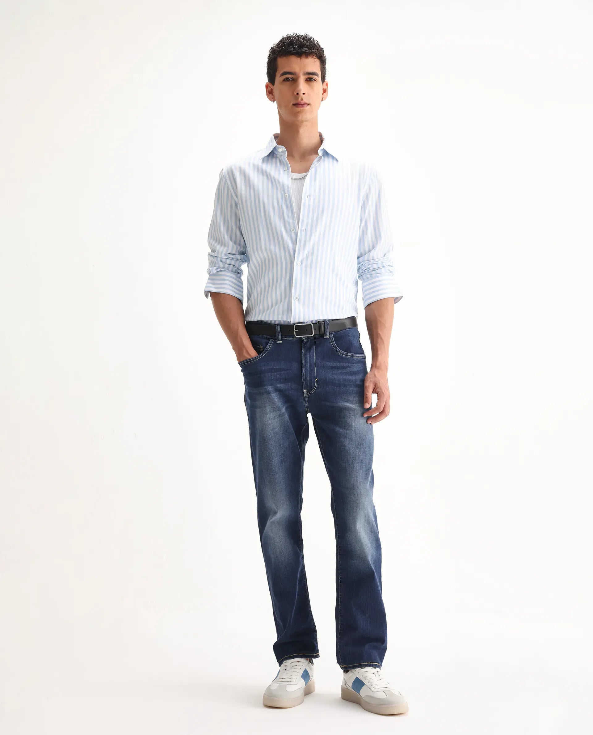 Rare Rabbit Men's Dieme Blue Cotton Plain Morris Regular Fit Jeans