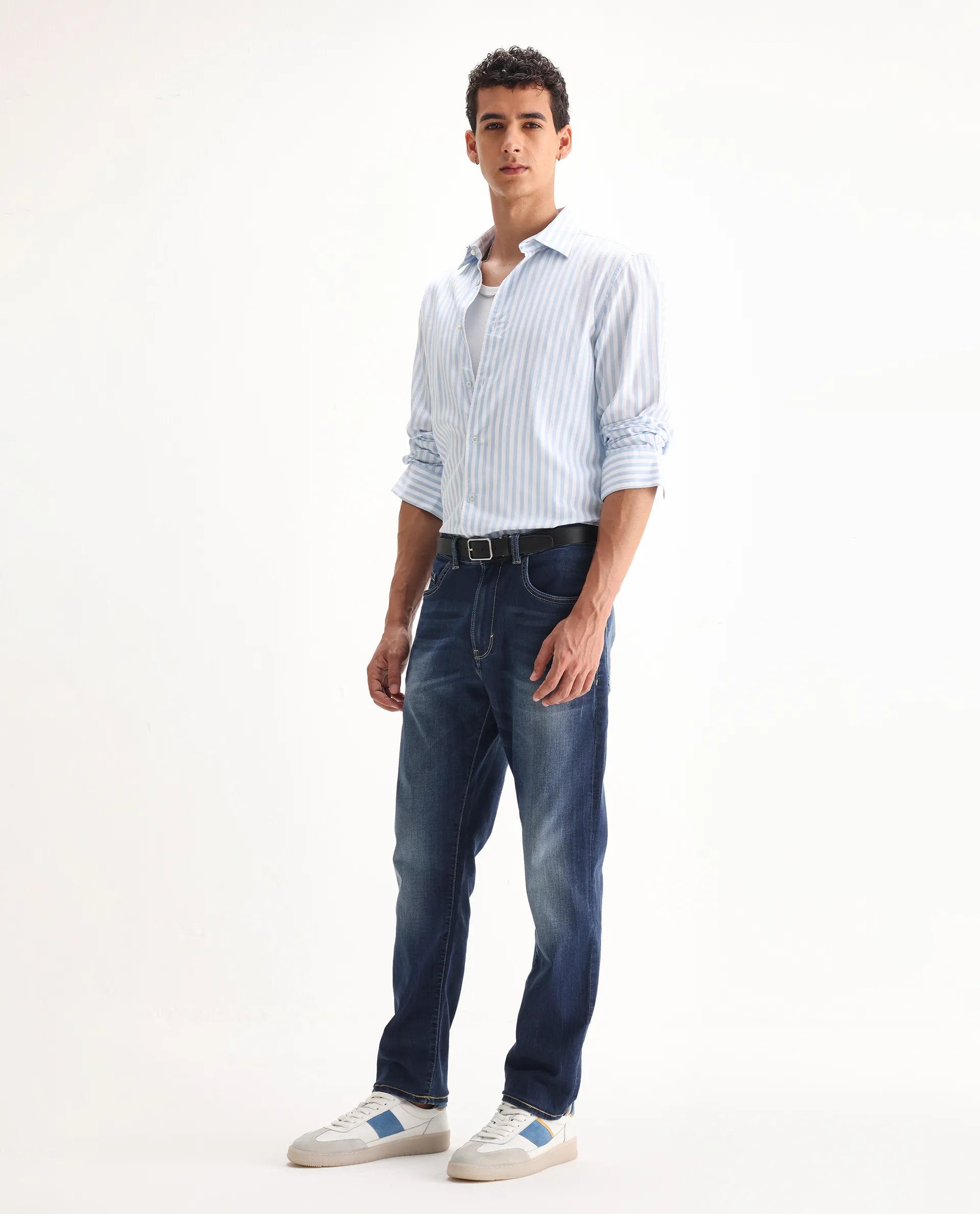 Rare Rabbit Men's Dieme Blue Cotton Plain Morris Regular Fit Jeans