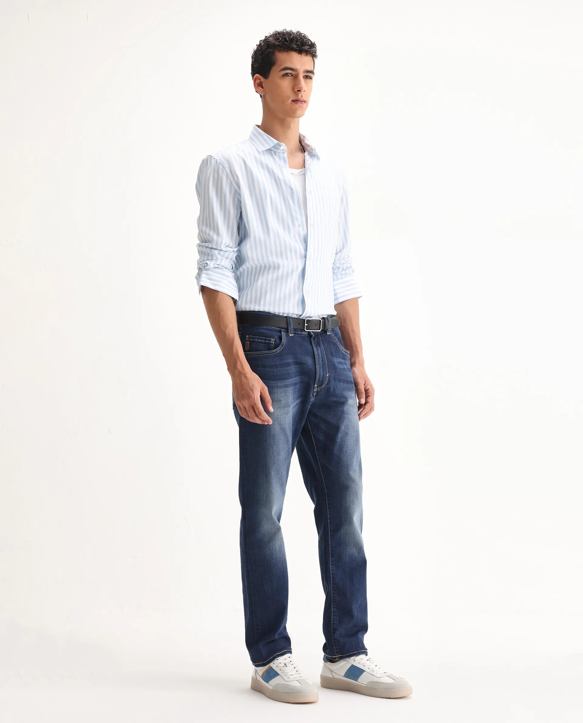 Rare Rabbit Men's Dieme Blue Cotton Plain Morris Regular Fit Jeans