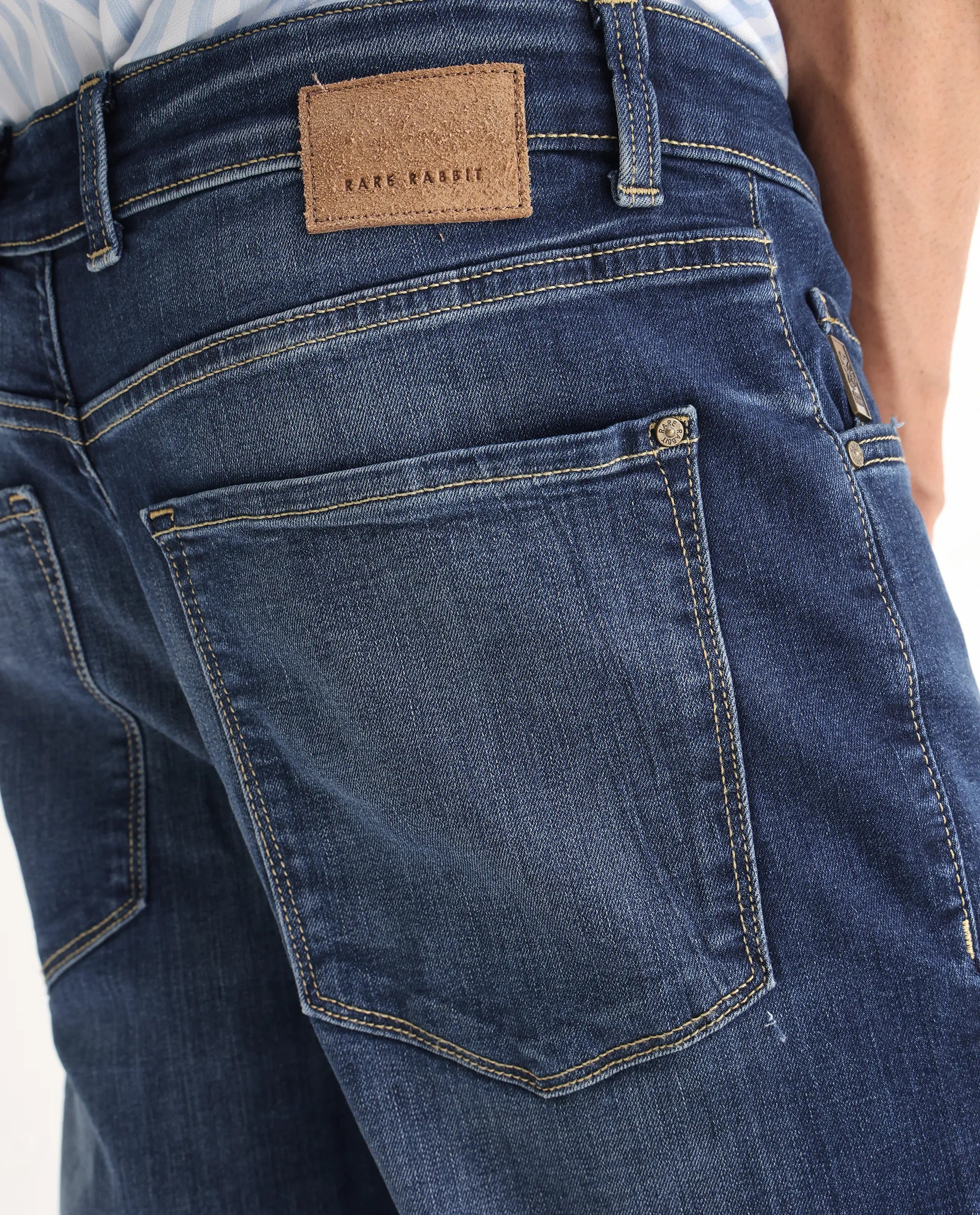 Rare Rabbit Men's Dieme Blue Cotton Plain Morris Regular Fit Jeans