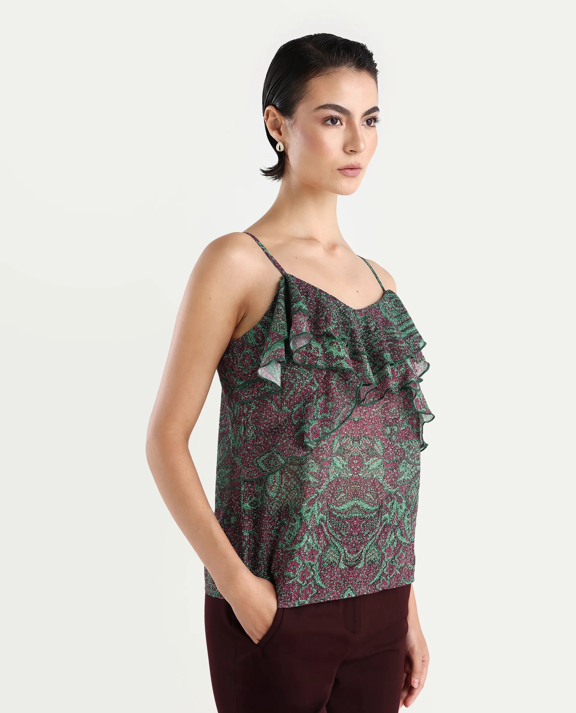 Rareism Women's Difi Dark Maroon Polyester V-Neck Abstract Print Sleeveless Regular Fit Top