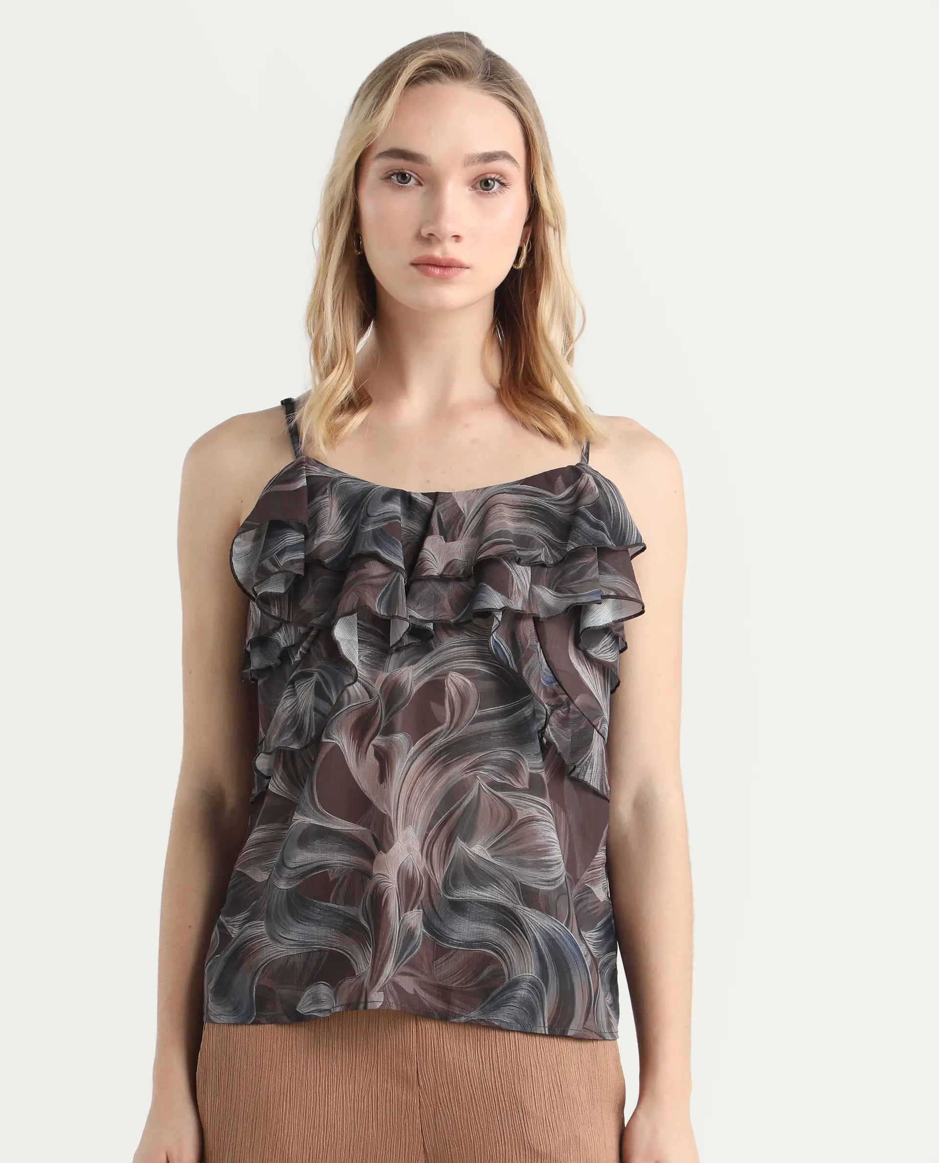 Rareism Women's Difiti Multi Cotton V-Neck Abstract Print Sleeveless Regular Fit Top