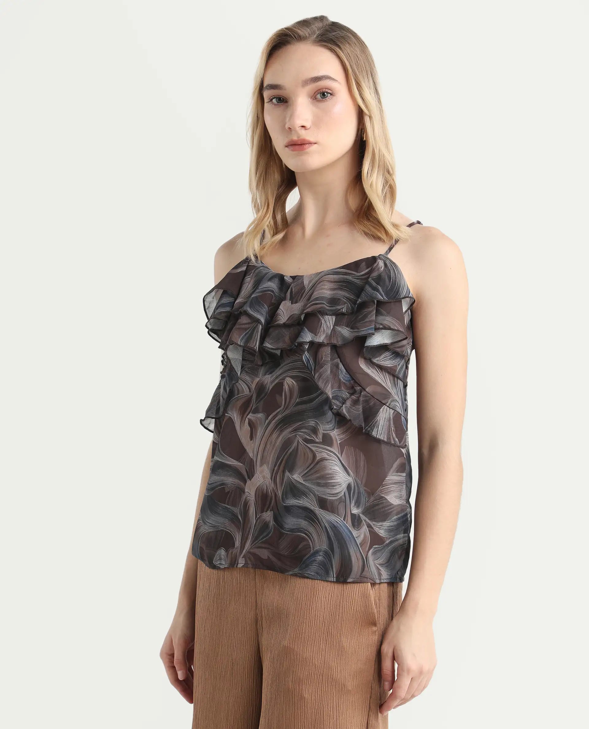 Rareism Women's Difiti Multi Cotton V-Neck Abstract Print Sleeveless Regular Fit Top