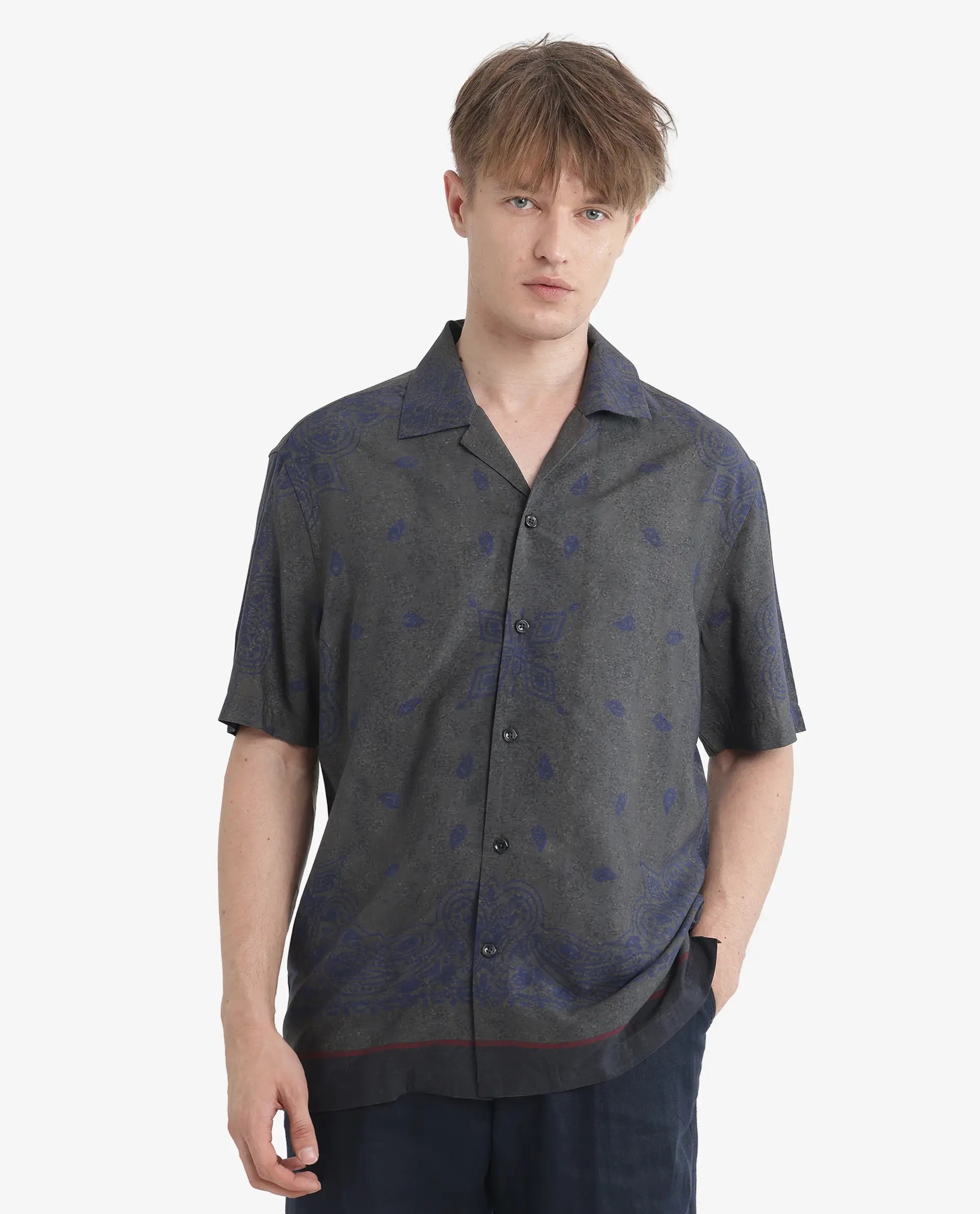 Rare Rabbit Men's Difo Green Viscose Printed Boxy Fit Half Sleeve Cuban Collar Shirt