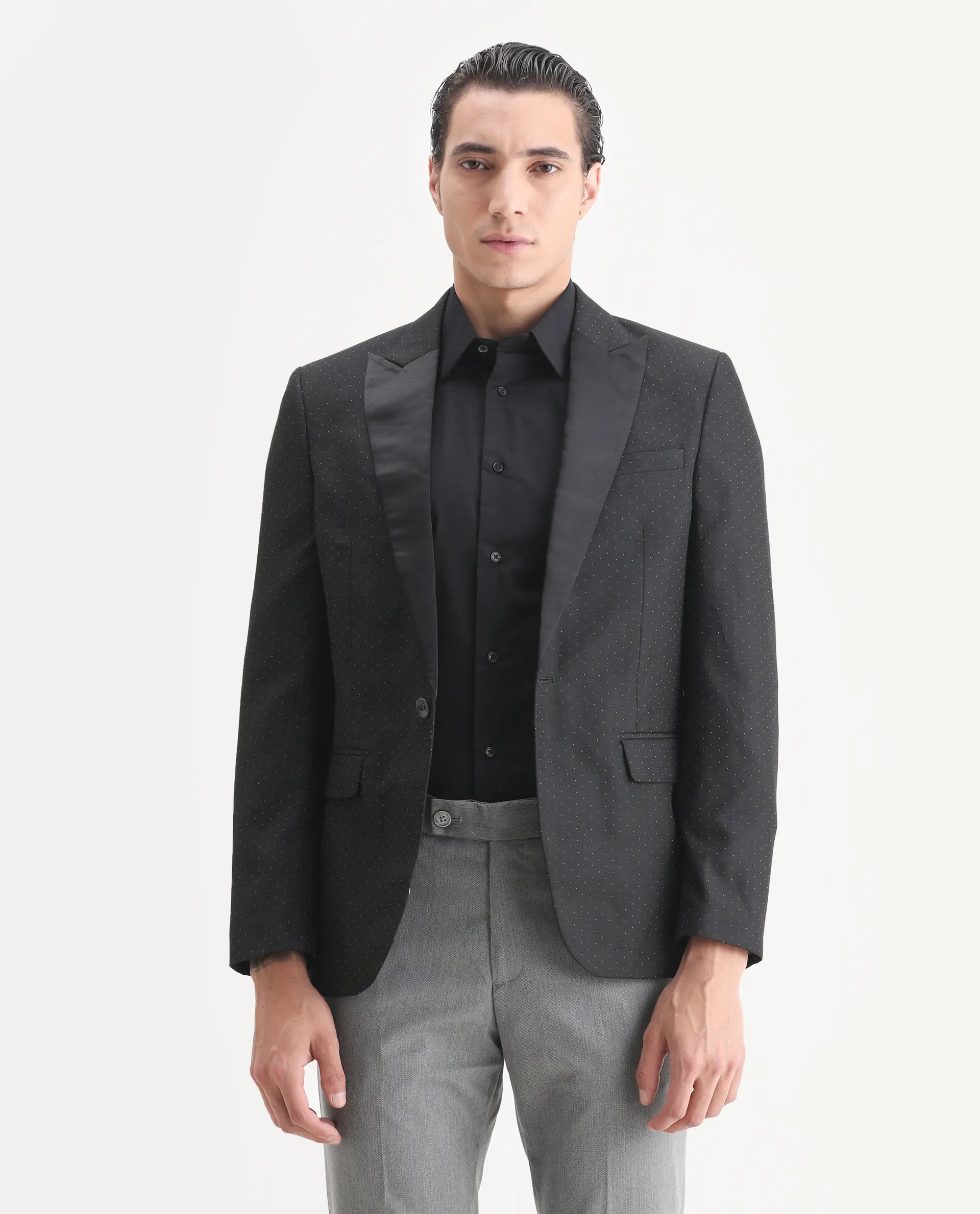 Rare Rabbit Men's Digby Black Polyester Plain Tailored Fit Full Sleeve Lapel Neck Blazer