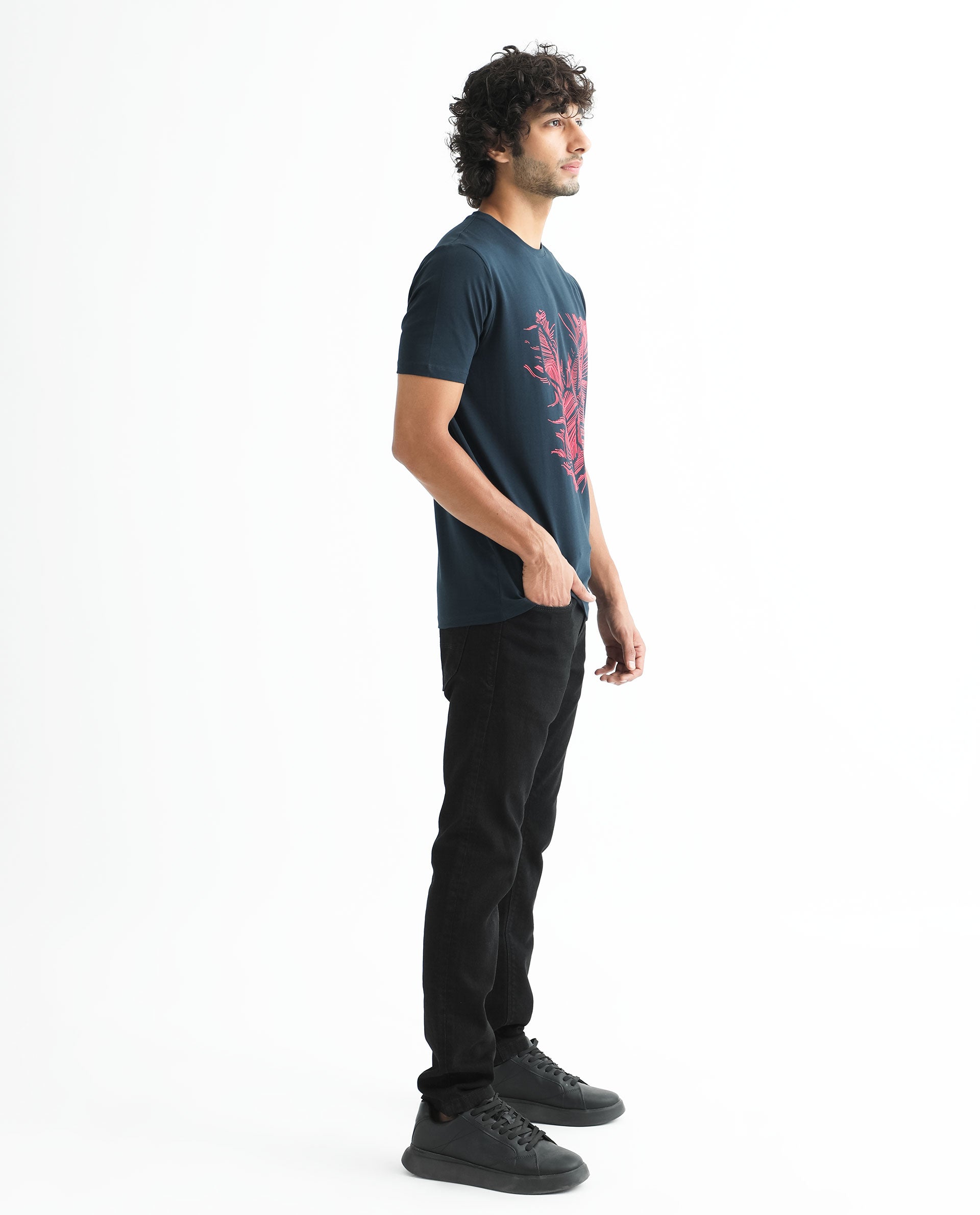 Rare Rabbit Men's Digiwaves 2 Navy Crew Neck Logo Printed Half Sleeves Slim Fit T-Shirt