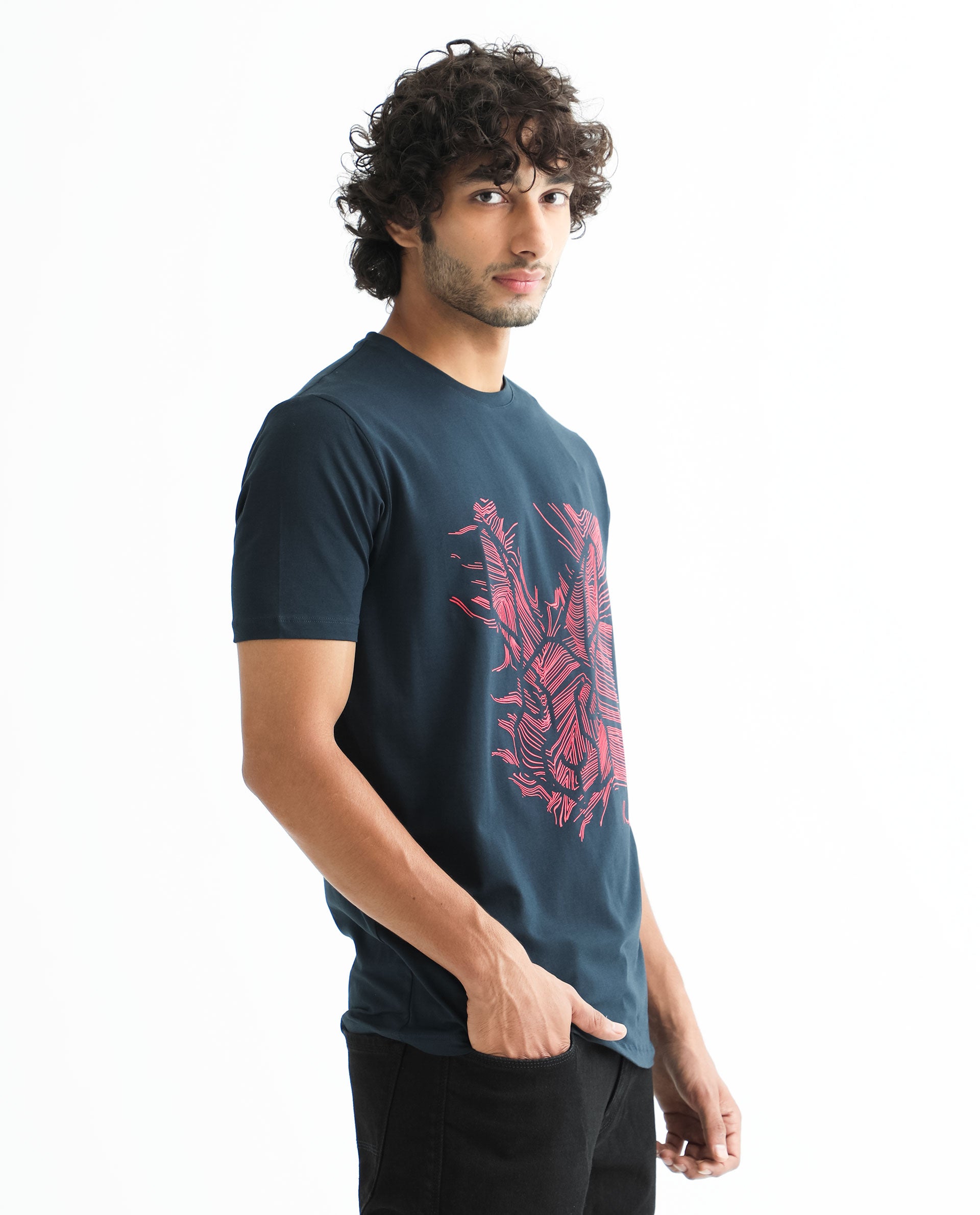 Rare Rabbit Men's Digiwaves 2 Navy Crew Neck Logo Printed Half Sleeves Slim Fit T-Shirt