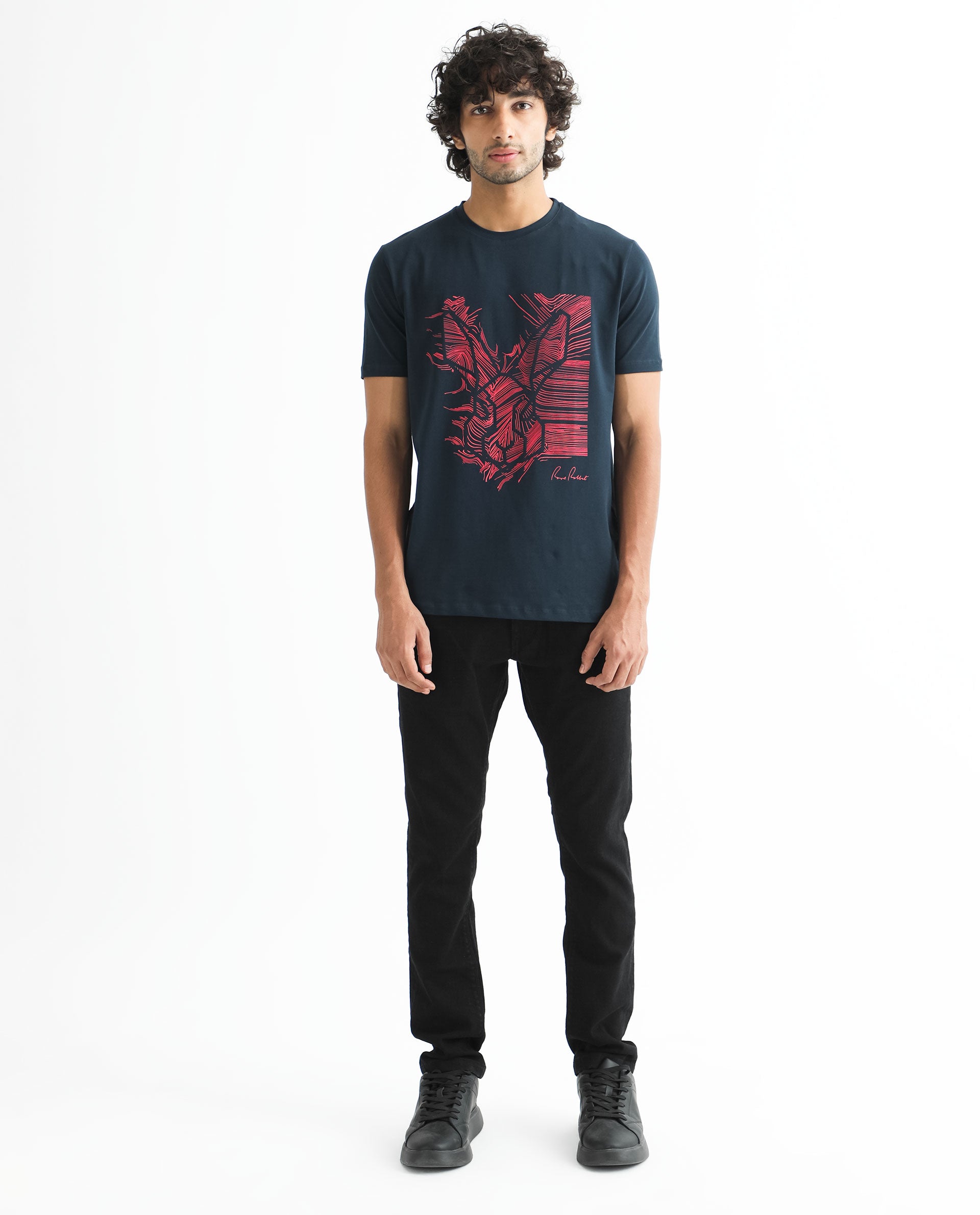 Rare Rabbit Men's Digiwaves 2 Navy Crew Neck Logo Printed Half Sleeves Slim Fit T-Shirt