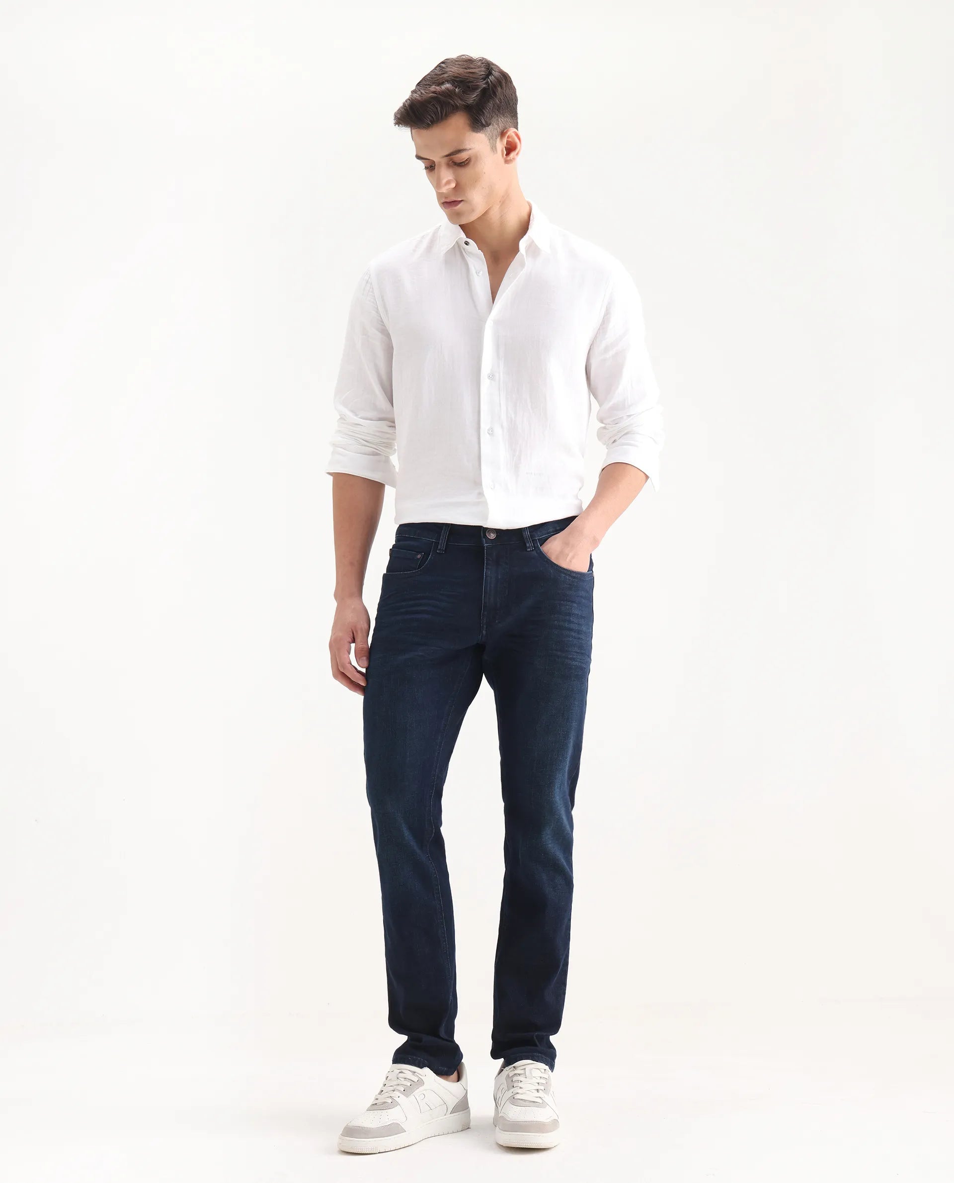 Rare Rabbit Men's Digo Dark Navy Cotton Blend Plain Hawk Slim Fit Jeans