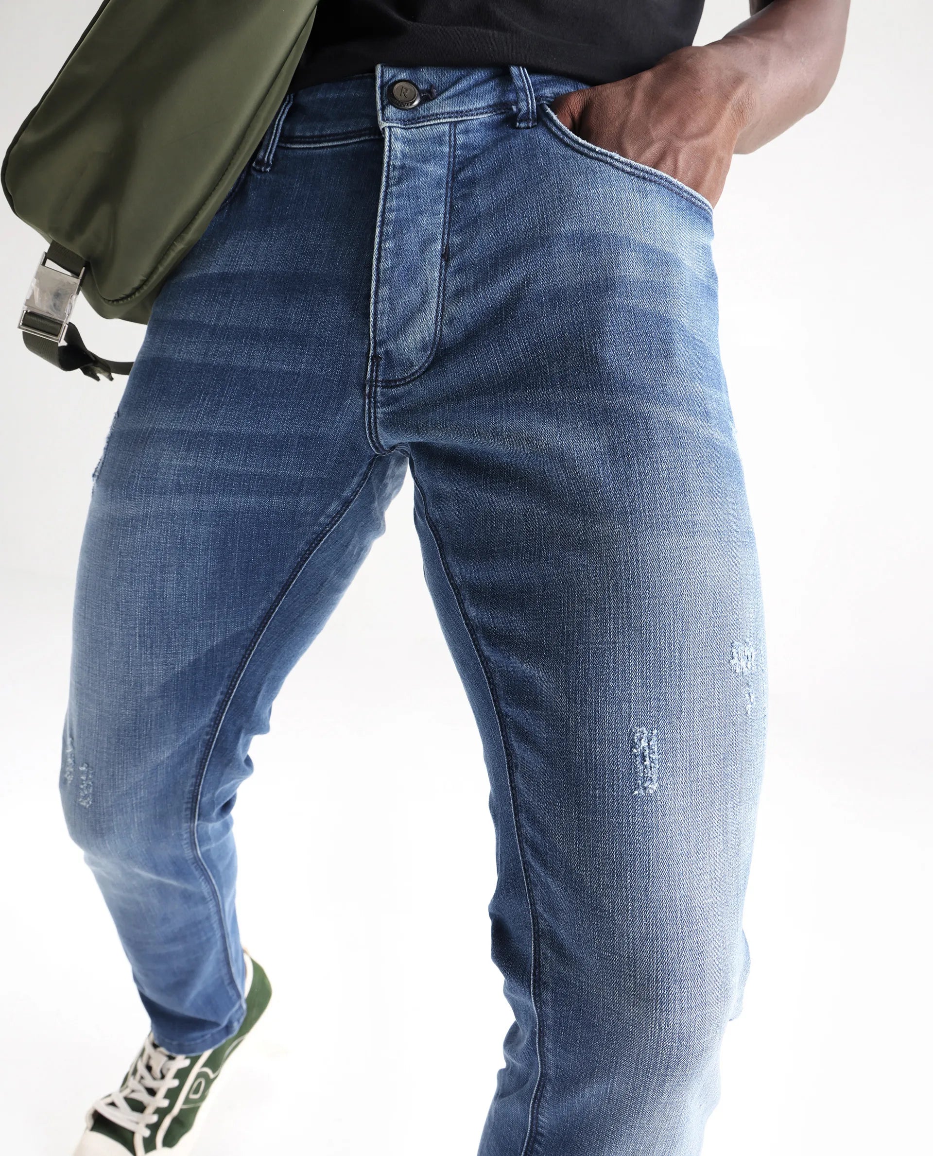 Rare Rabbit Men's Dijon Blue Cotton Plain Hawk Slim Fit Jeans