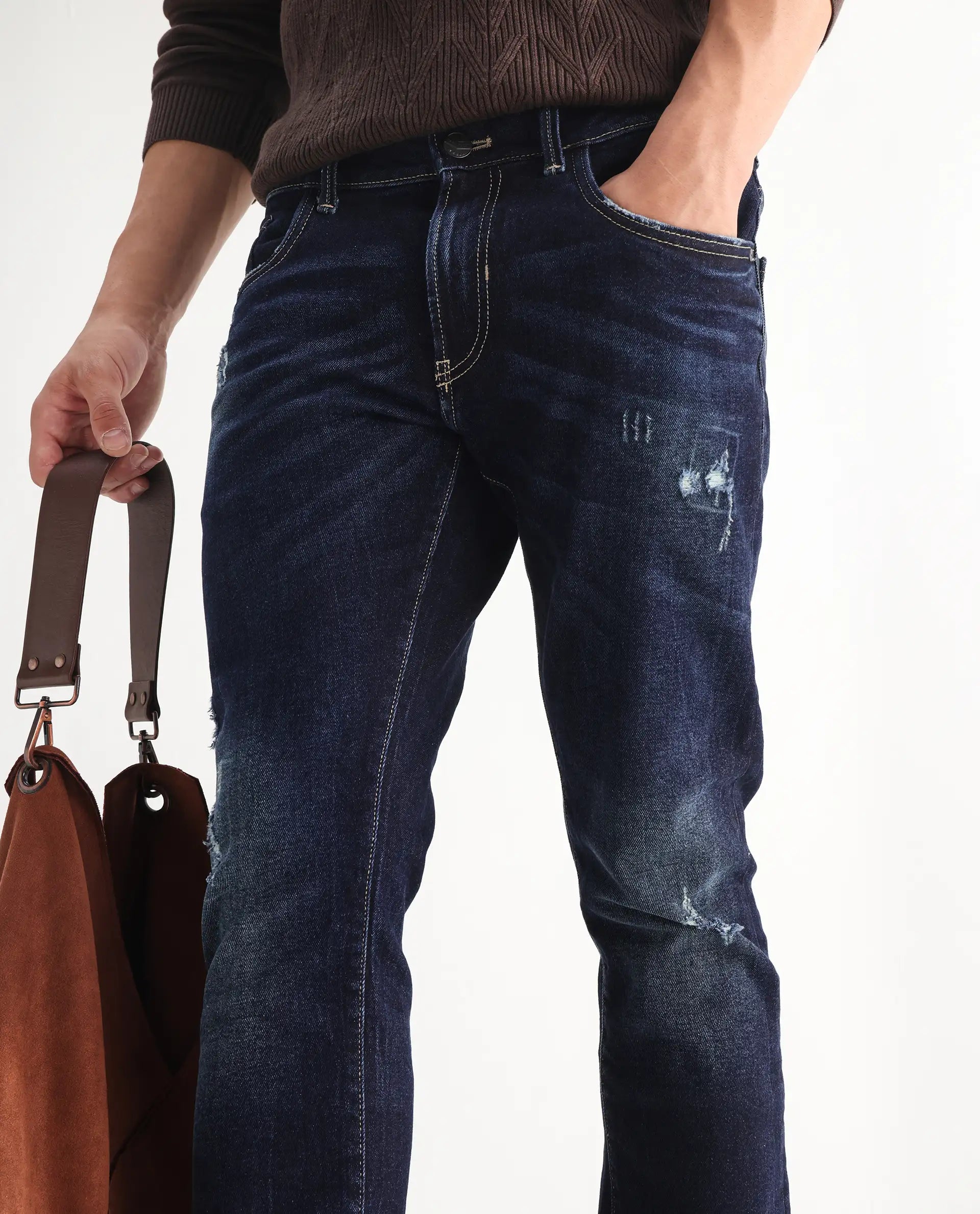 Rare Rabbit Men's Dili Dusky Navy Cotton Blend Plain Hawk Slim Fit Jeans