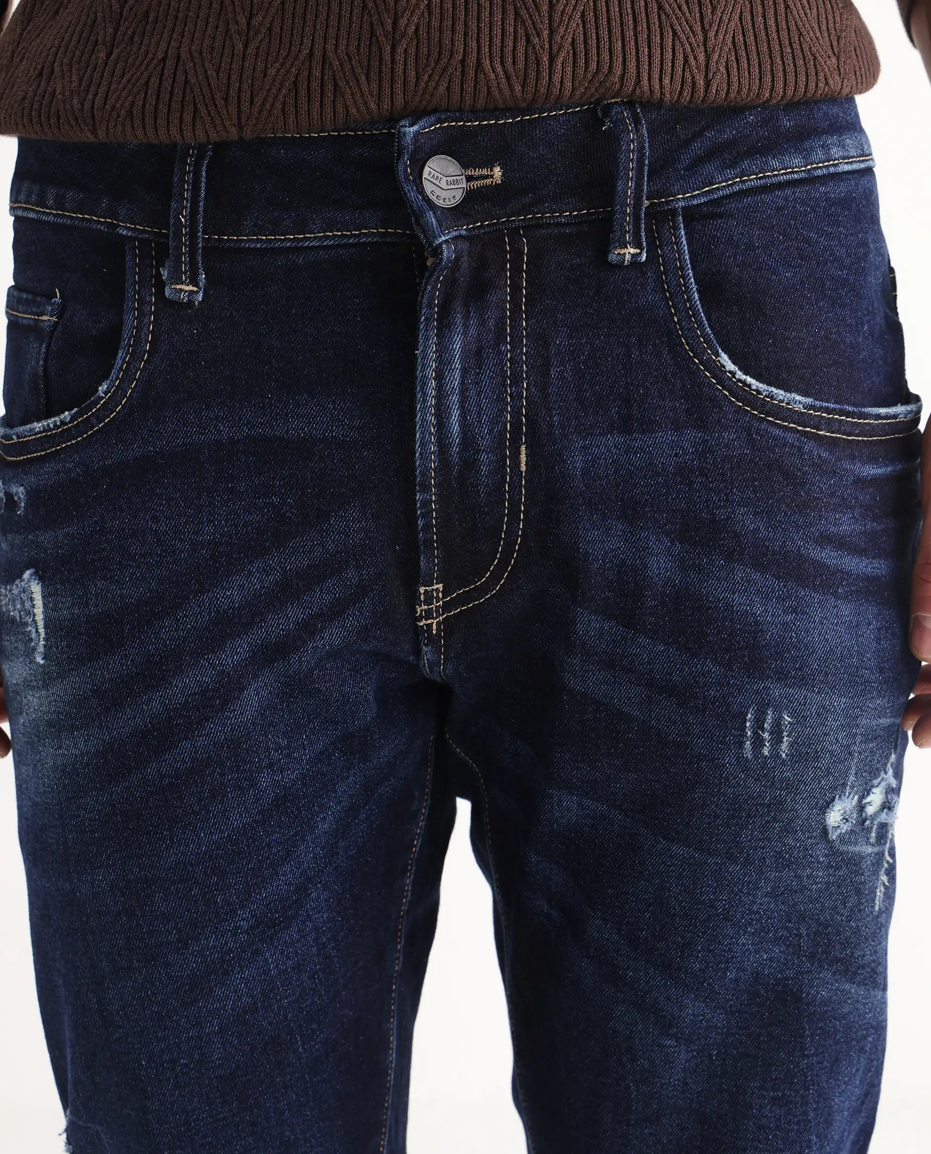 Rare Rabbit Men's Dili Dusky Navy Cotton Blend Plain Hawk Slim Fit Jeans