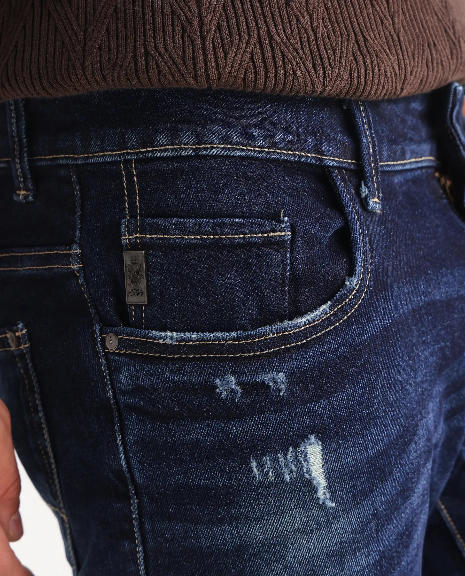 Rare Rabbit Men's Dili Dusky Navy Cotton Blend Plain Hawk Slim Fit Jeans