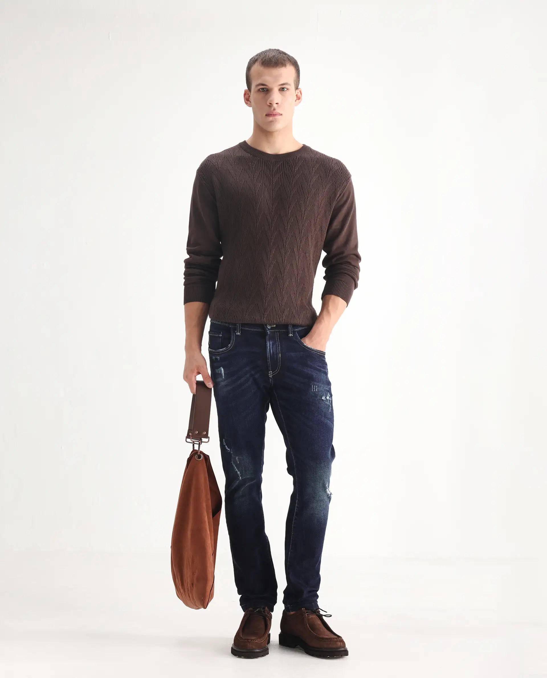 Rare Rabbit Men's Dili Dusky Navy Cotton Blend Plain Hawk Slim Fit Jeans