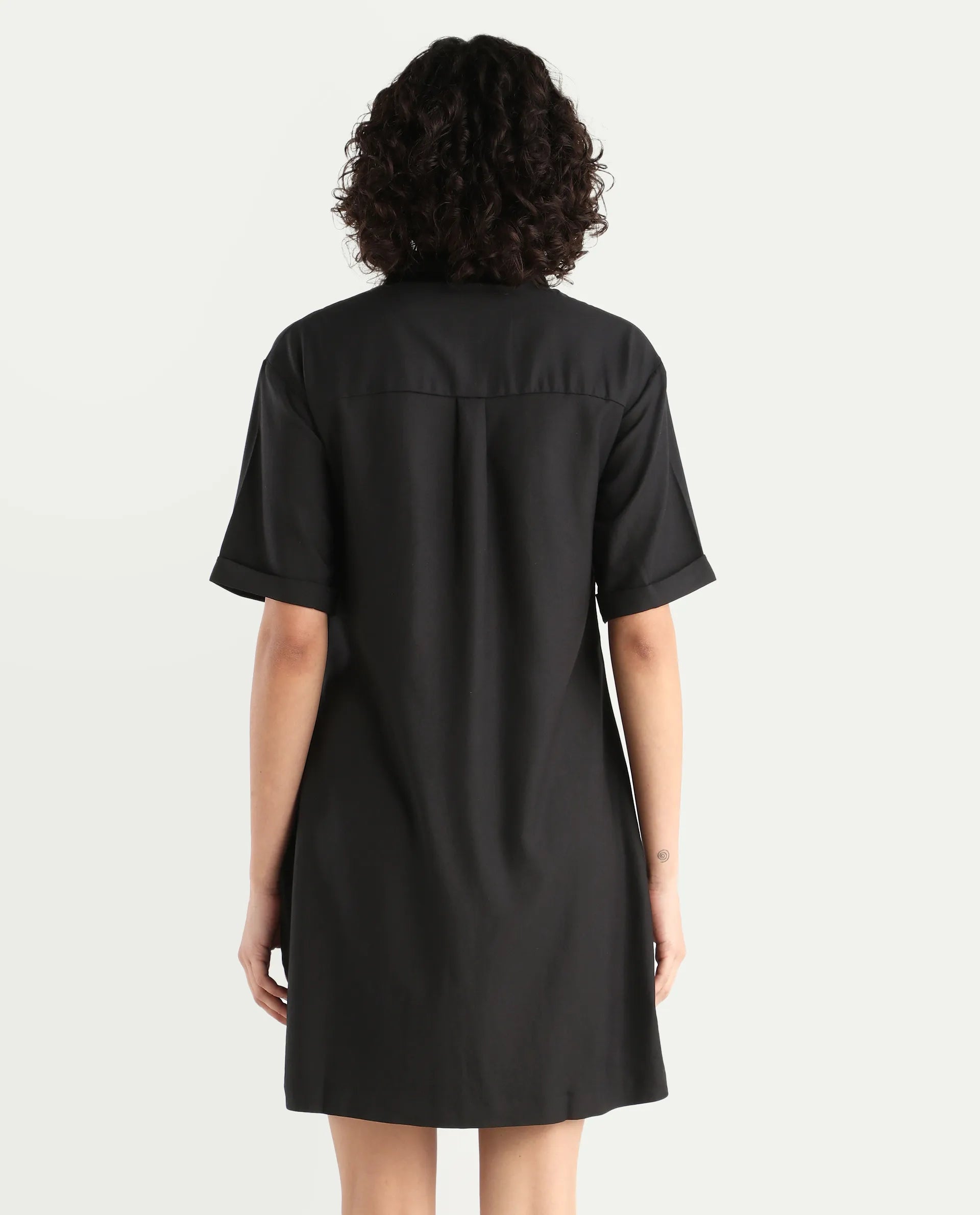 Rareism Women's Dilijan Black Cotton Blend Drop Collar Plain Knee Length Asymmetric Dress