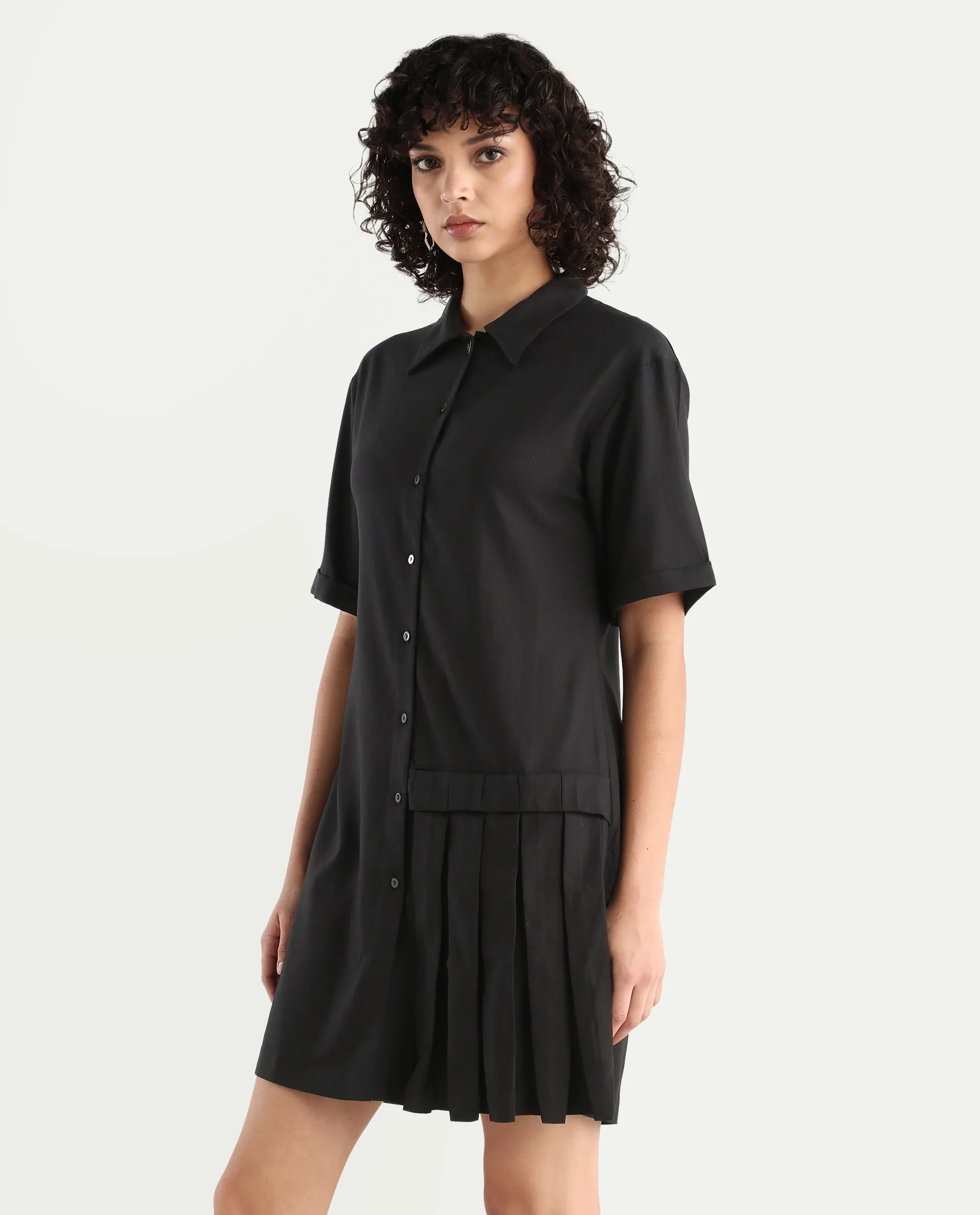 Rareism Women's Dilijan Black Cotton Blend Drop Collar Plain Knee Length Asymmetric Dress